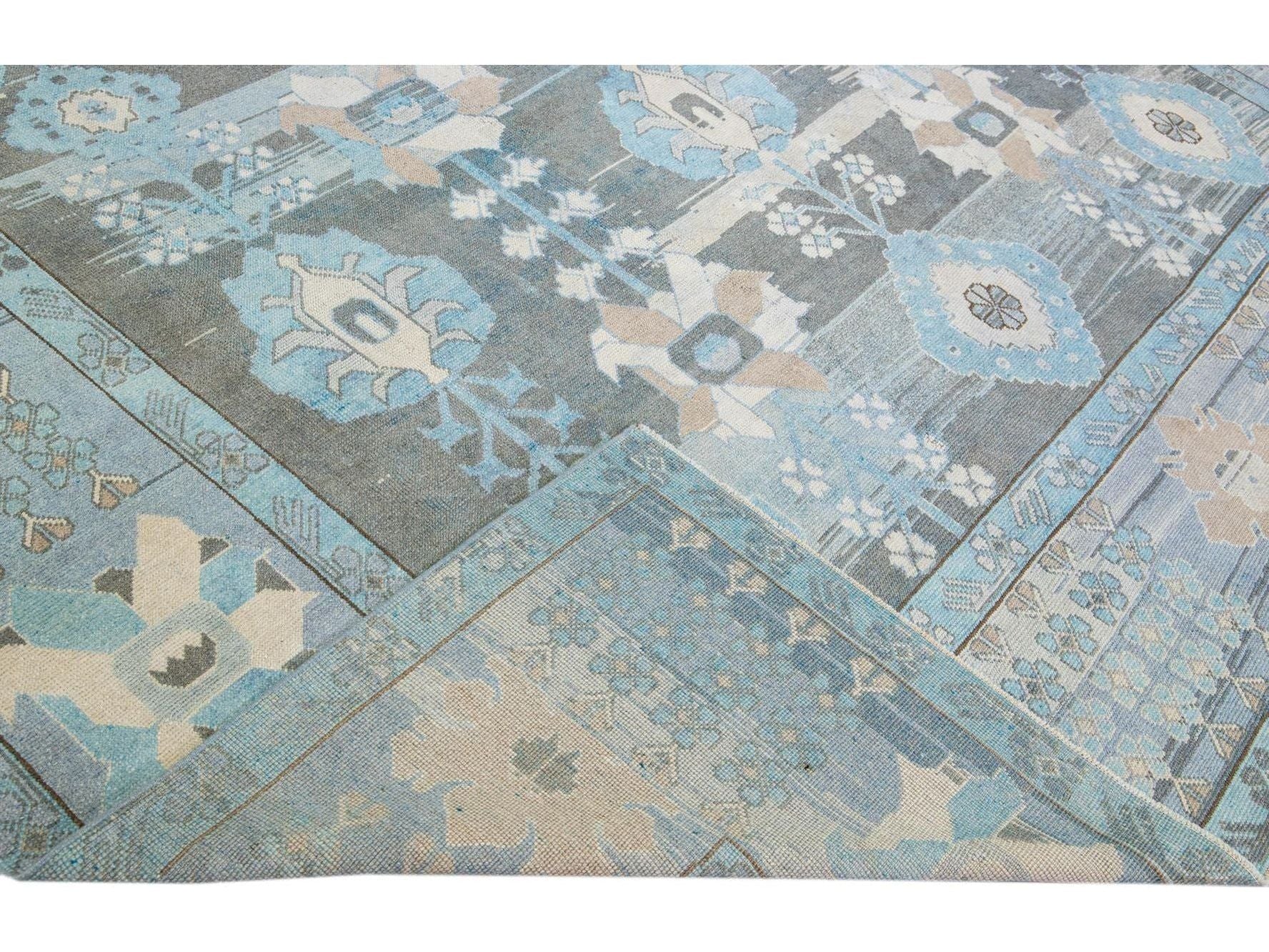 Blue And Gray Vintage Turkish Oushak Handmade Floral Pattern Wool Rug