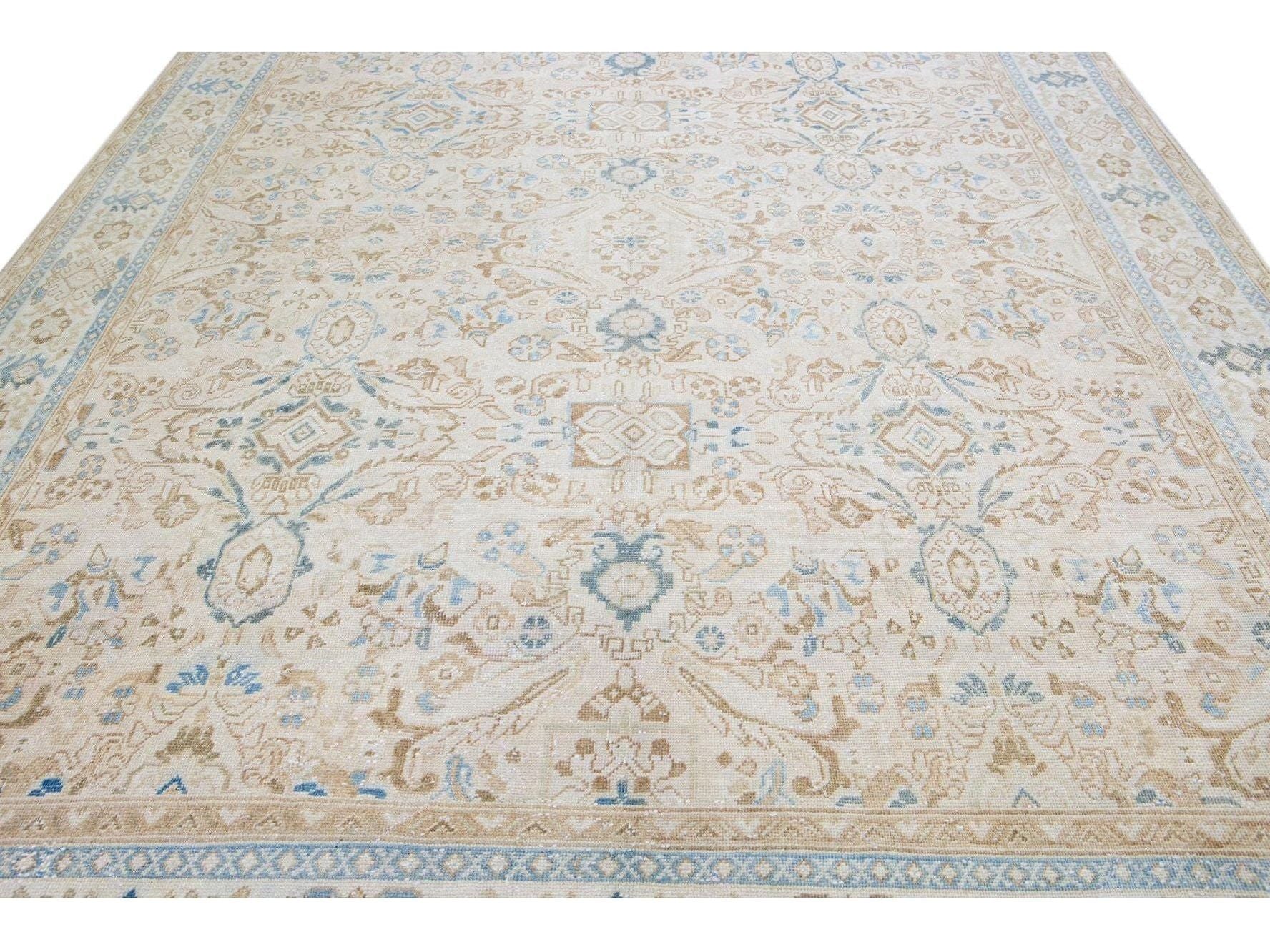 Beige Antique Mahal Handmade Floral Motif Wool Rug