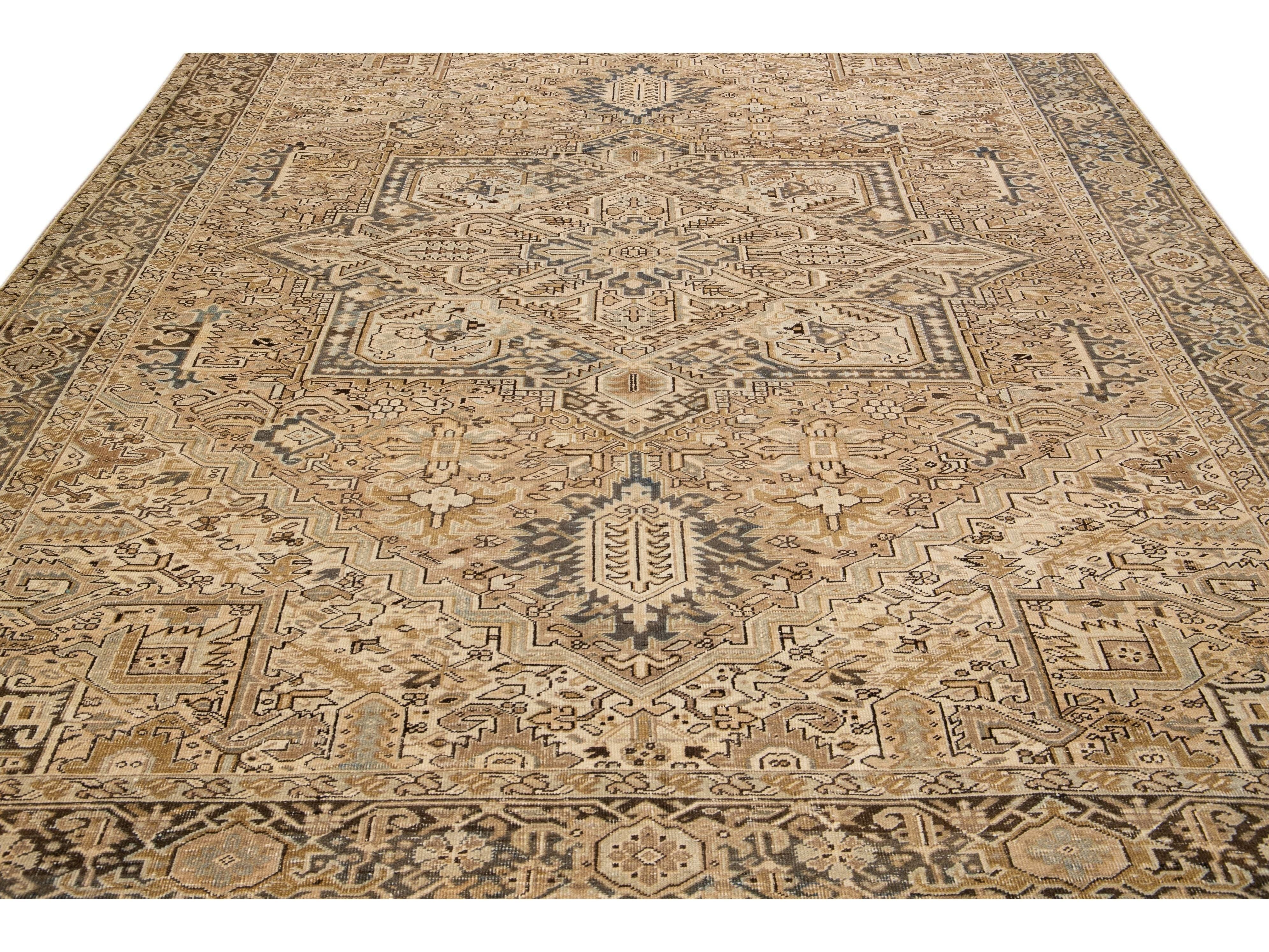 Antique Persian Heriz Handmade Geometric Beige And Blue Wool Rug