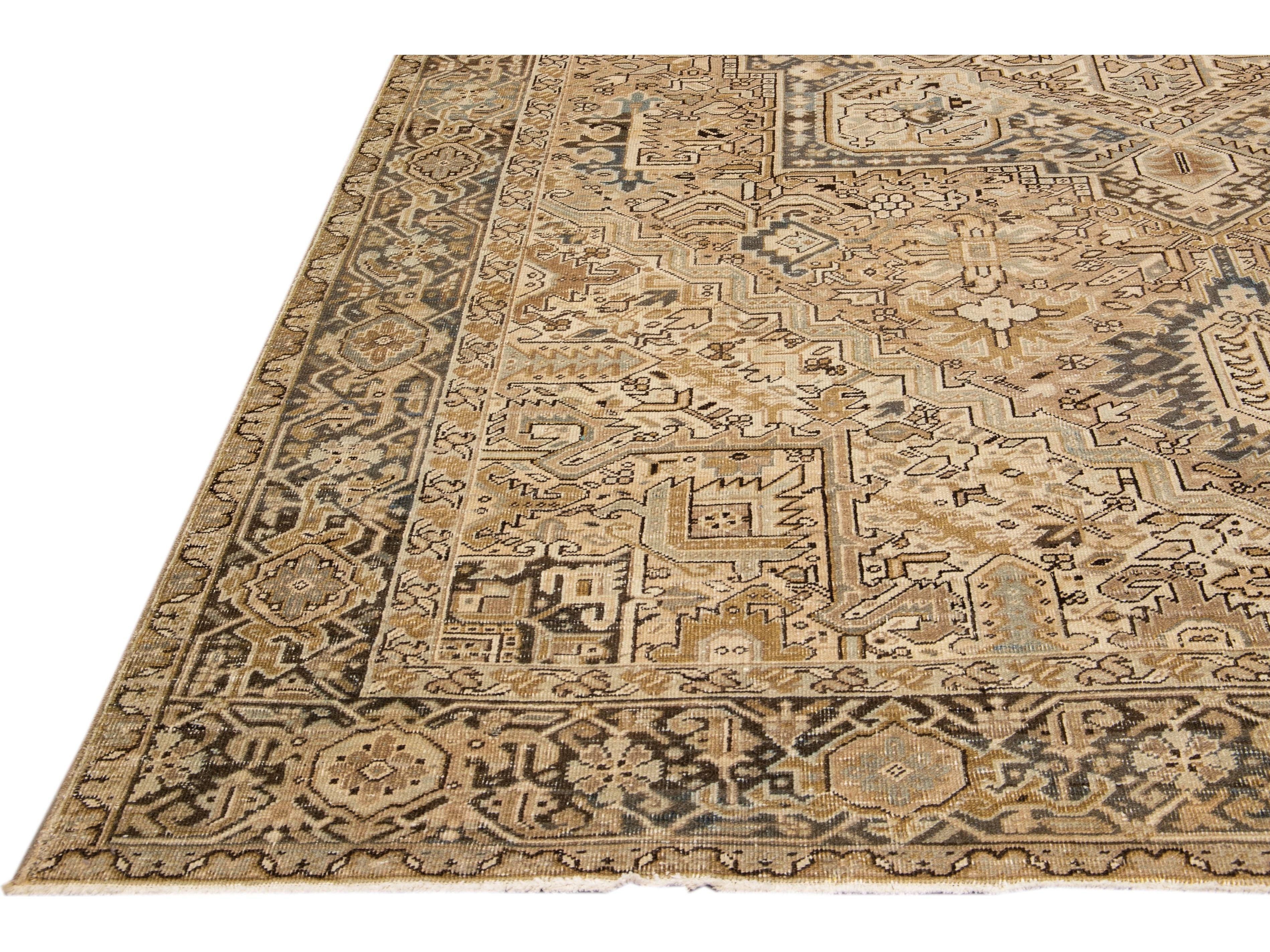 Antique Persian Heriz Handmade Geometric Beige And Blue Wool Rug