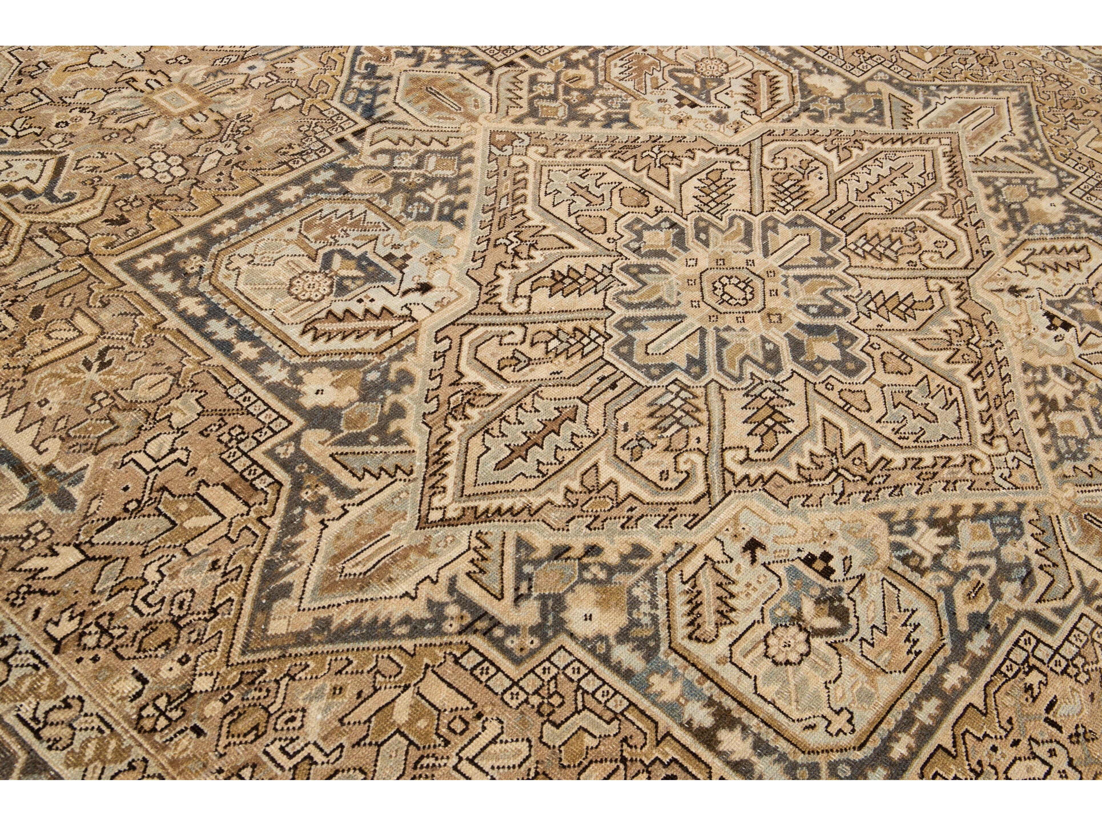 Antique Persian Heriz Handmade Geometric Beige And Blue Wool Rug