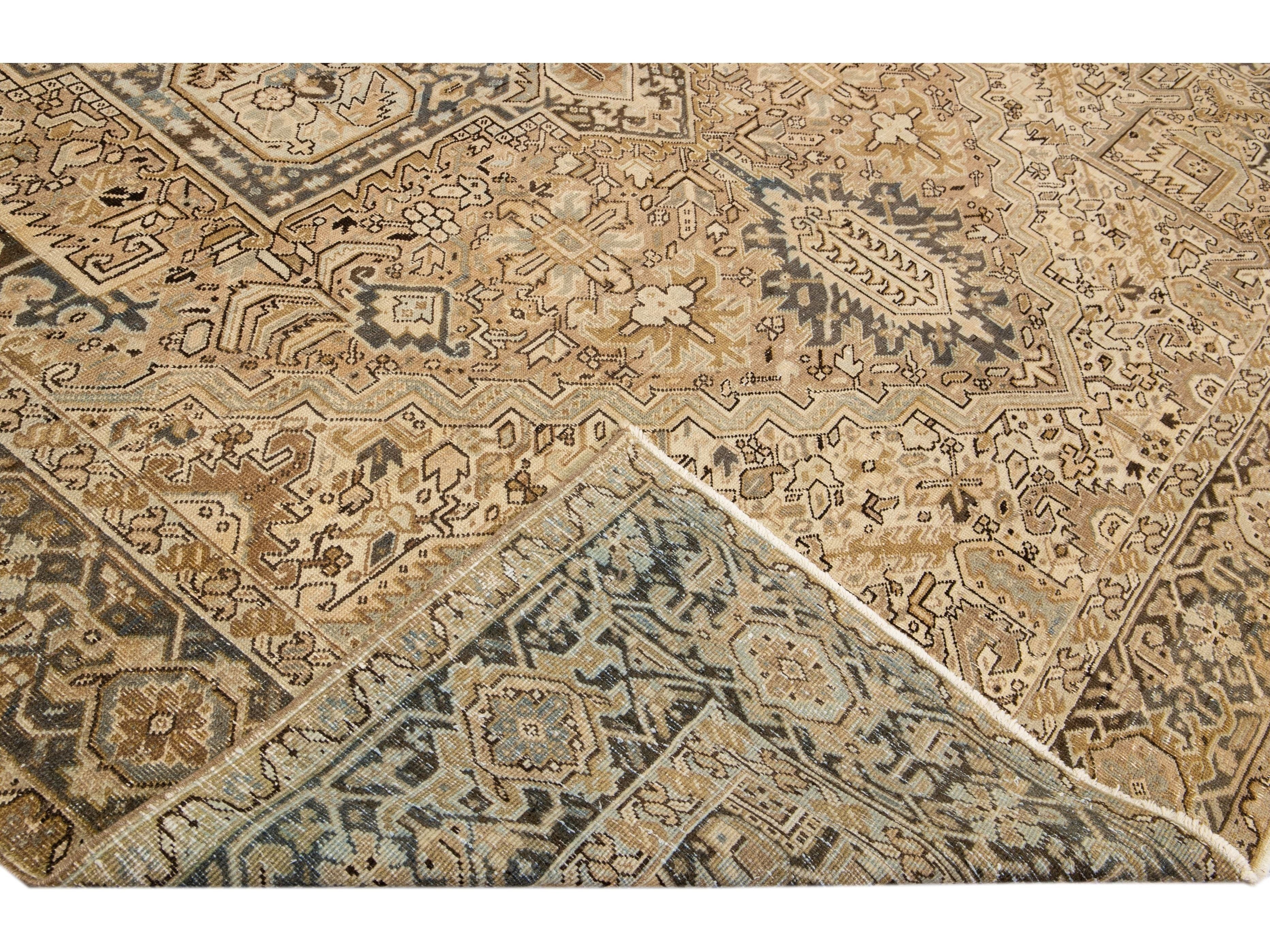 Antique Persian Heriz Handmade Geometric Beige And Blue Wool Rug