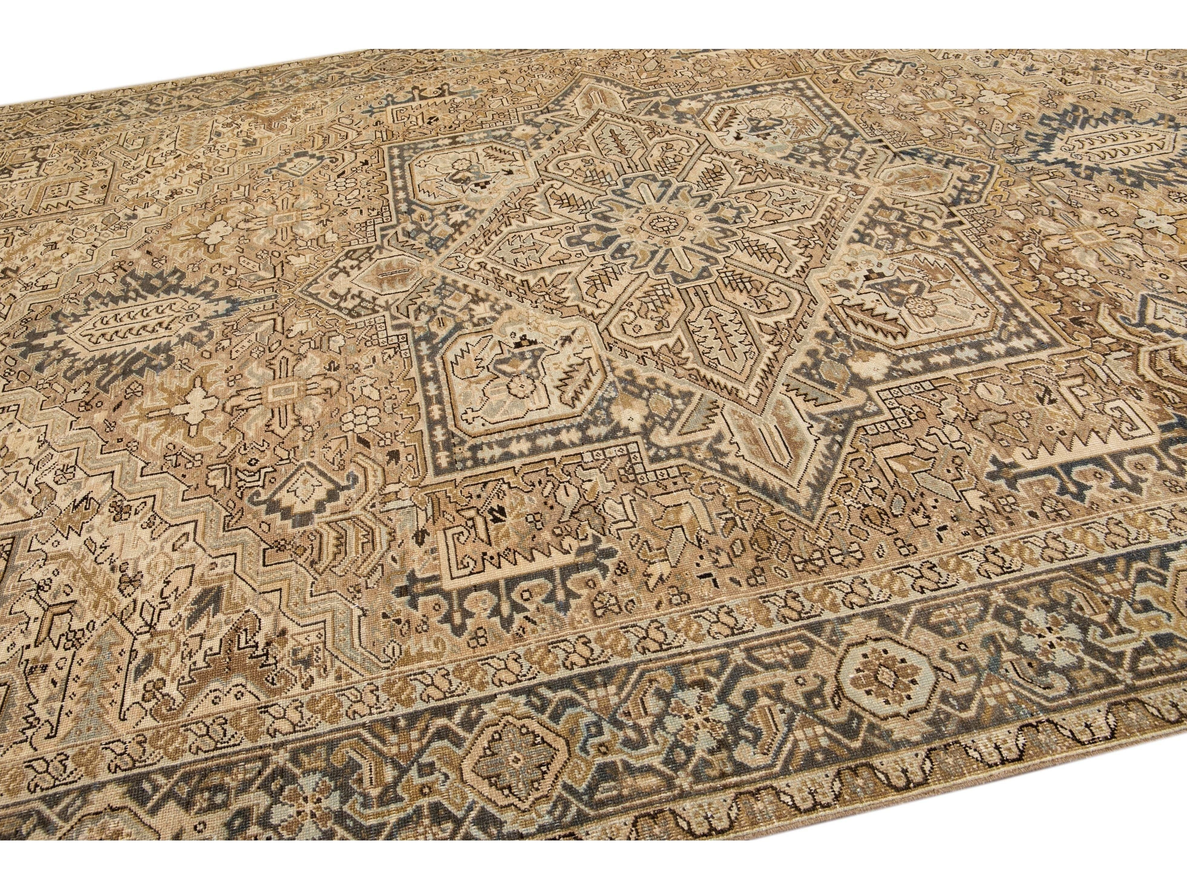 Antique Persian Heriz Handmade Geometric Beige And Blue Wool Rug