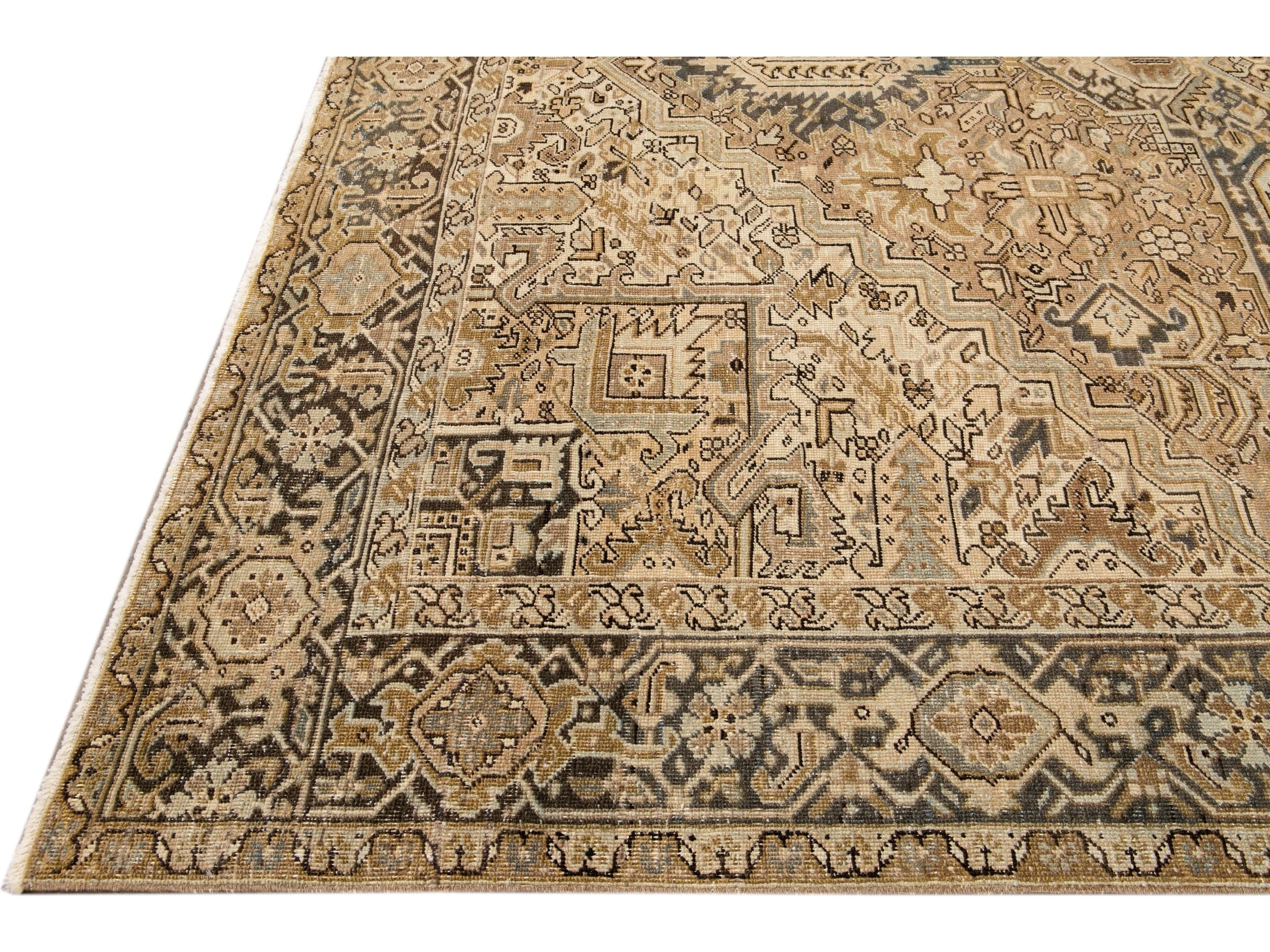 Antique Persian Heriz Handmade Geometric Beige And Blue Wool Rug