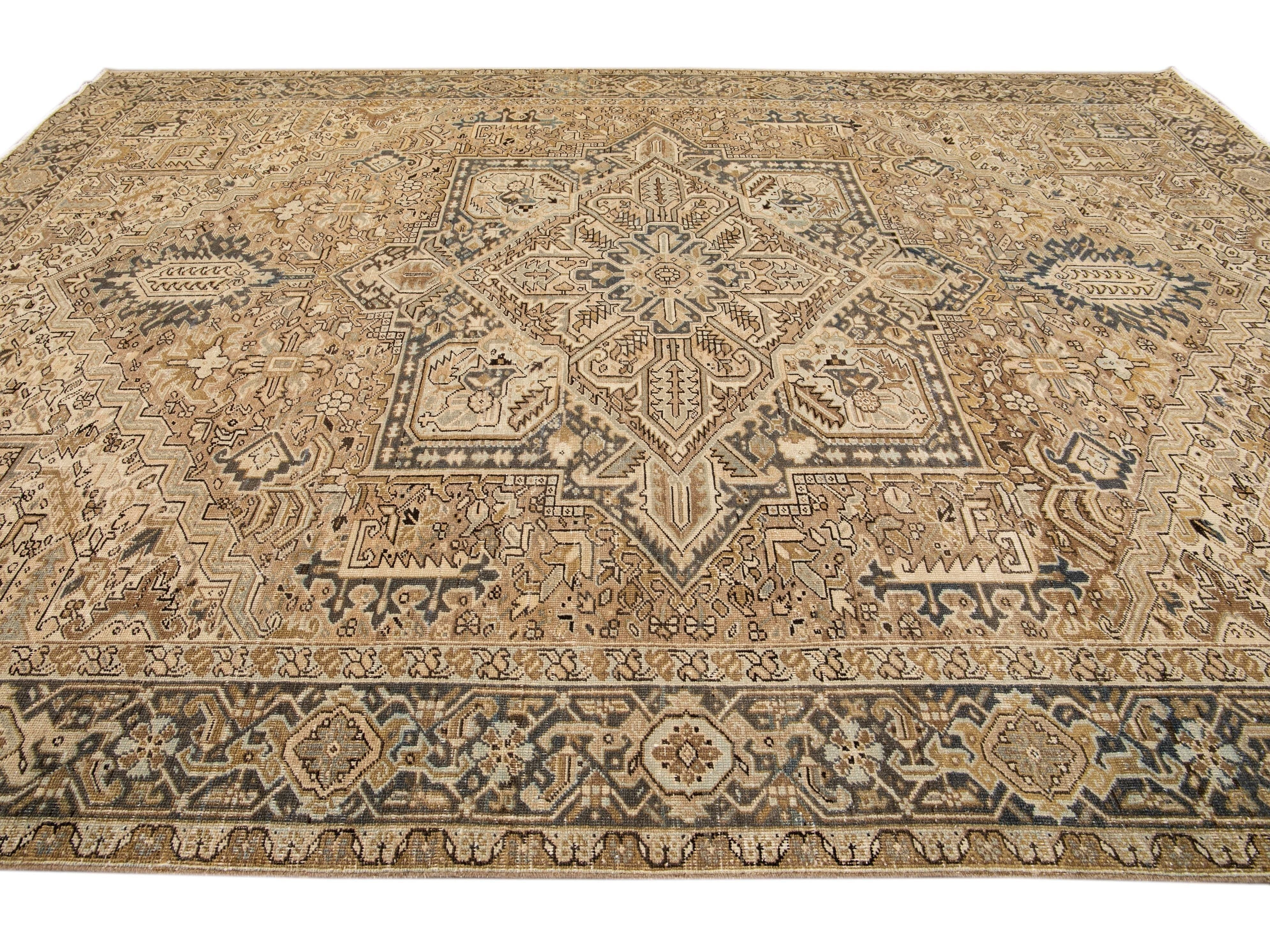 Antique Persian Heriz Handmade Geometric Beige And Blue Wool Rug