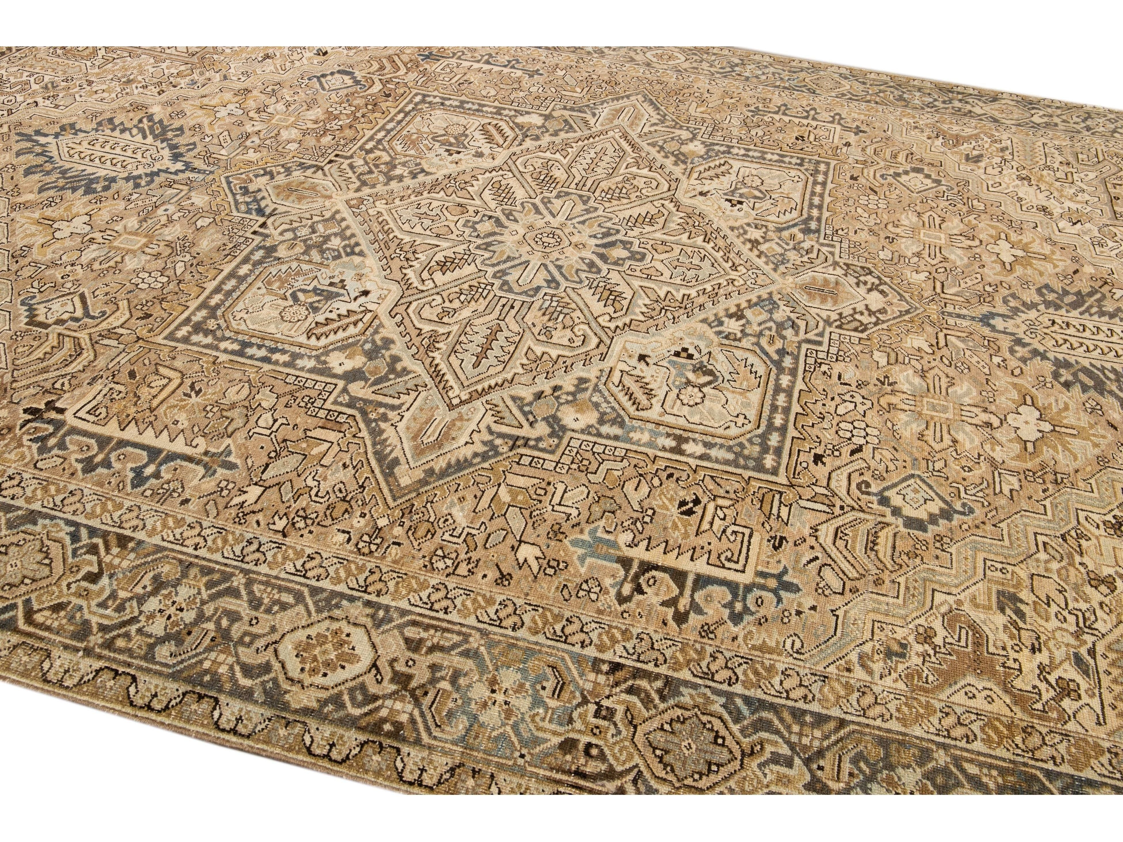 Antique Persian Heriz Handmade Geometric Beige And Blue Wool Rug