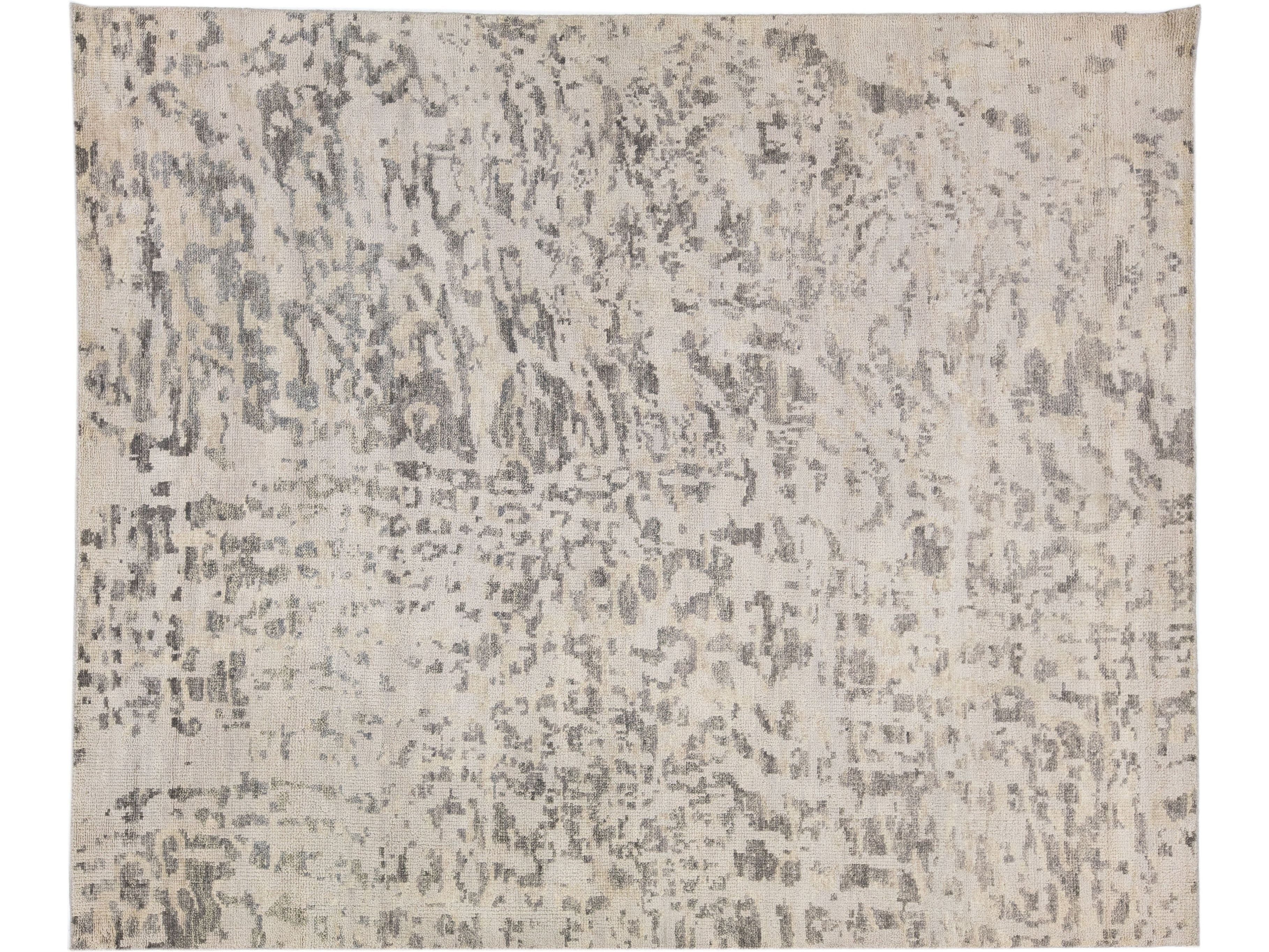 Contemporary Abstract Handmade Gray & Beige Wool Rug