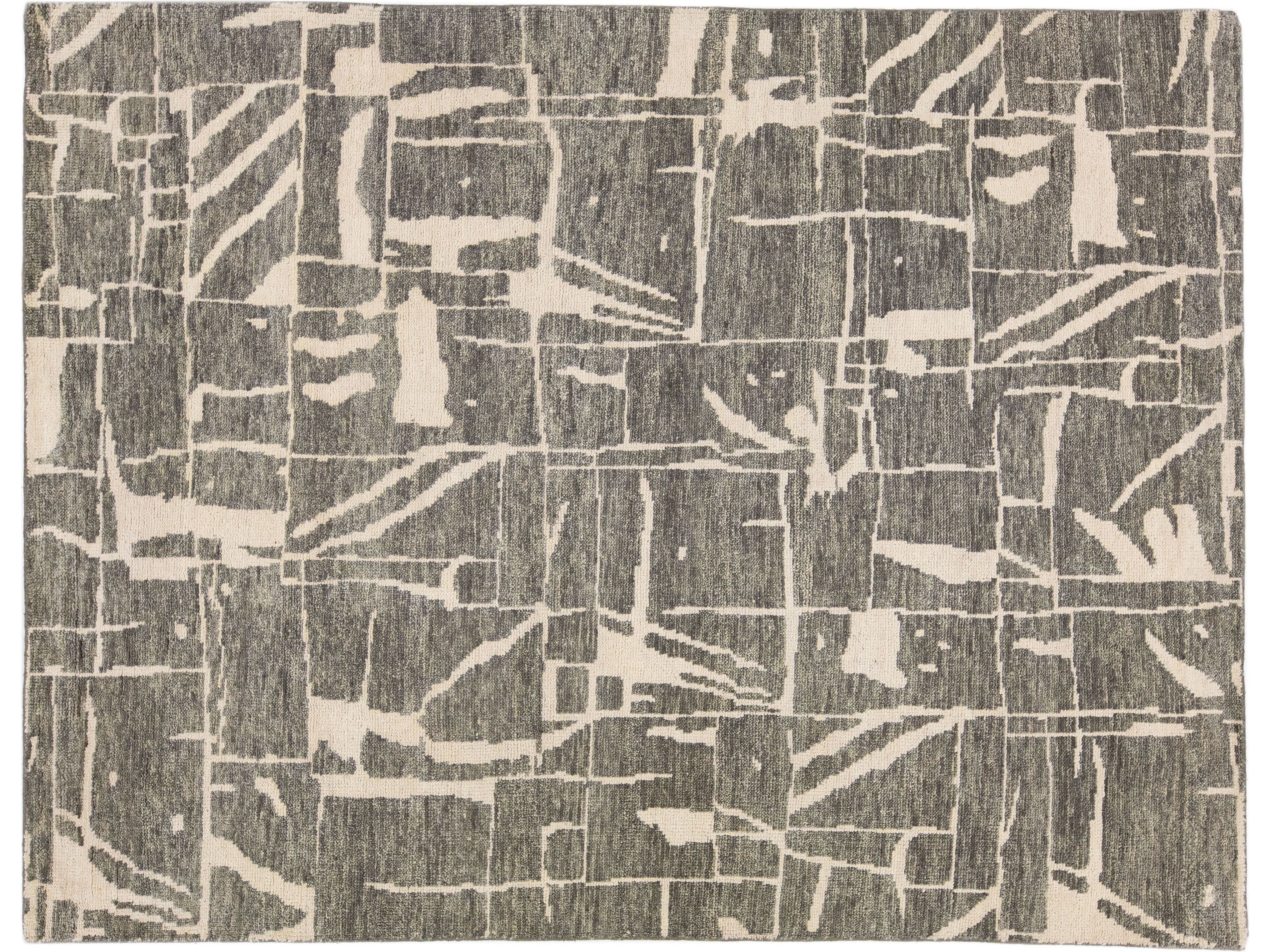 Contemporary Texture Handmade Pewter Green Designed Wool Rug