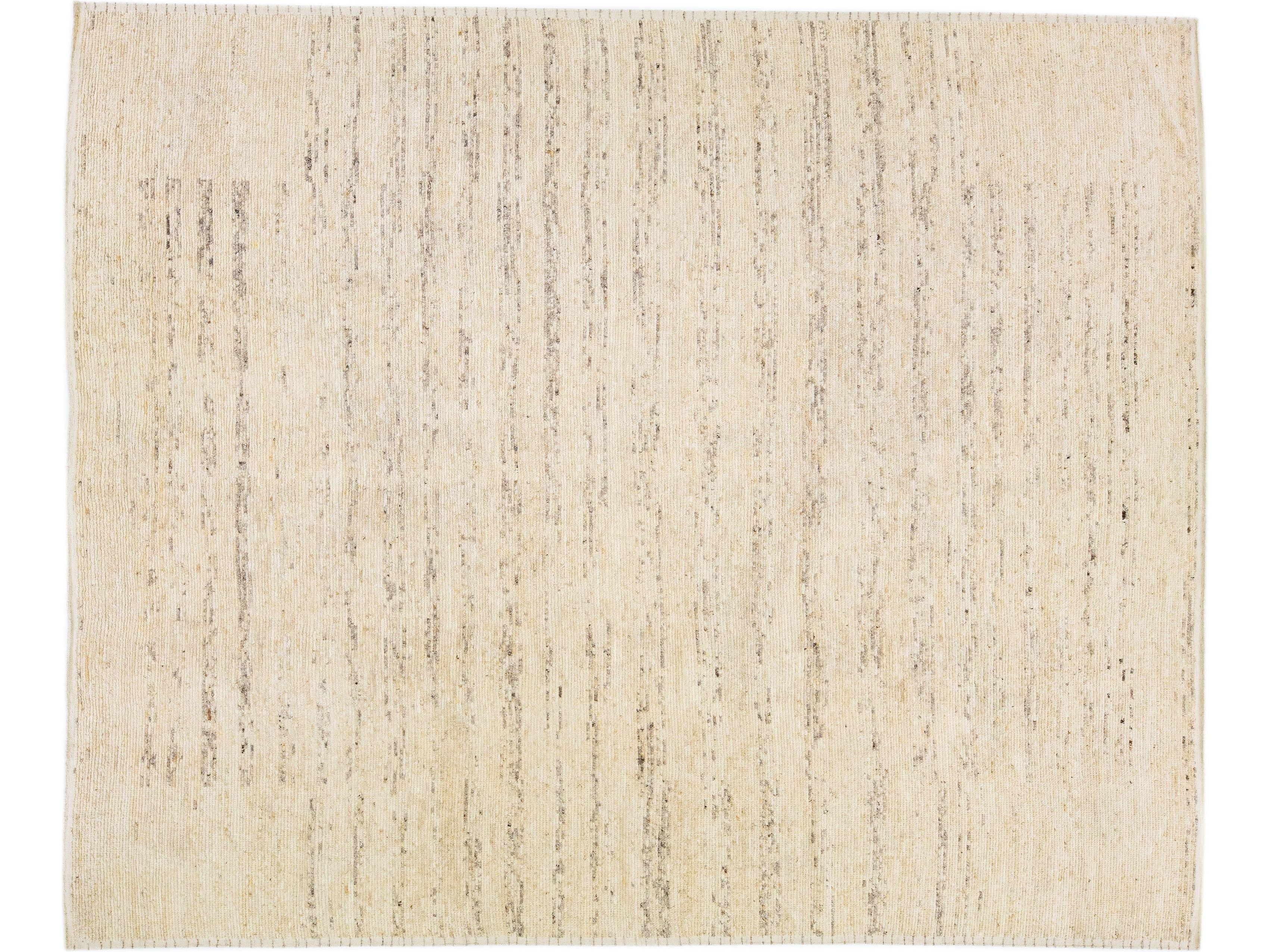 Beige Modern Moroccan Style Handmade Striped Wool Rug by Apadana