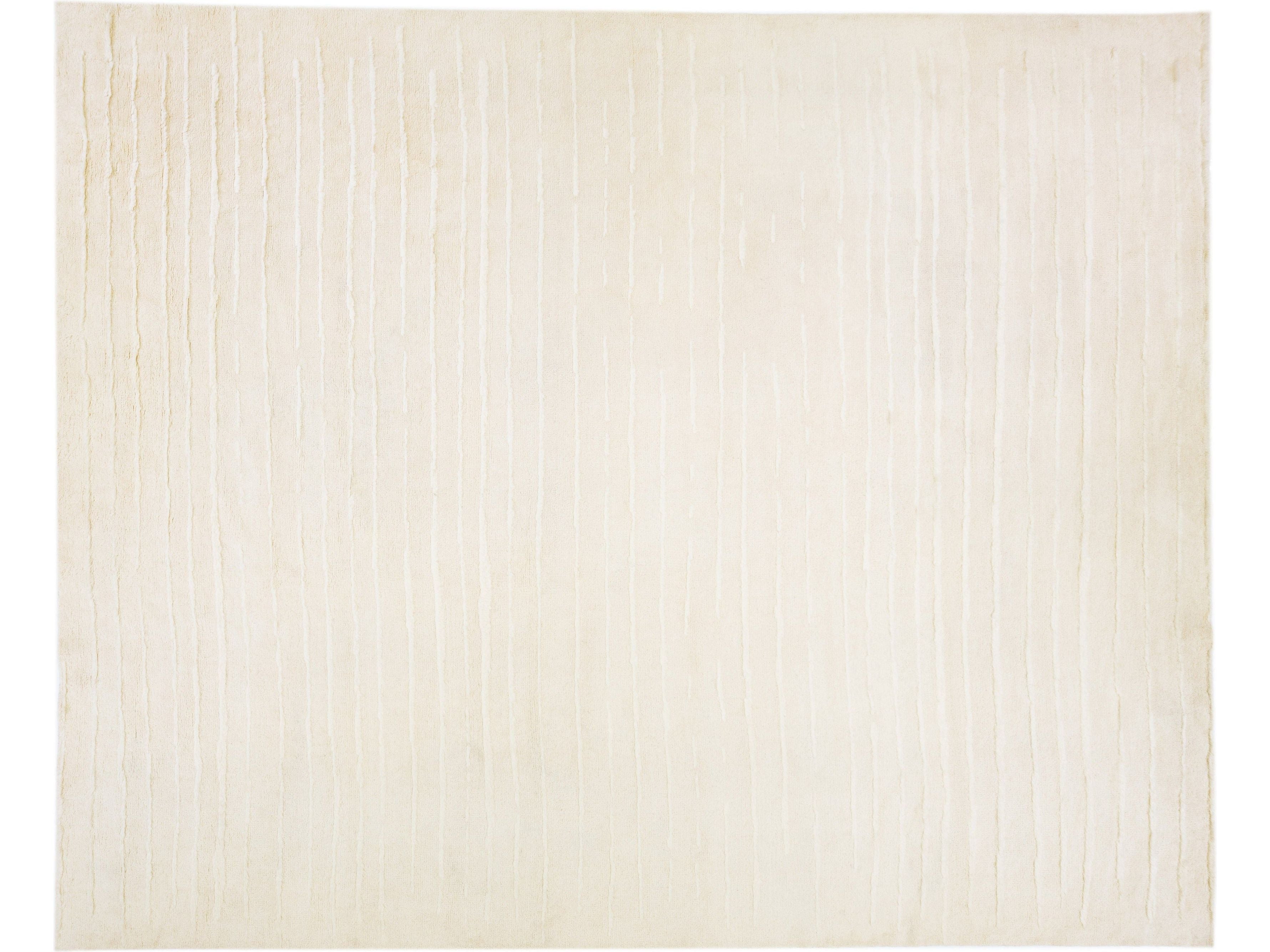 Modern Moroccan Style Beige Handmade Striped Motif Wool Rug by Apadana