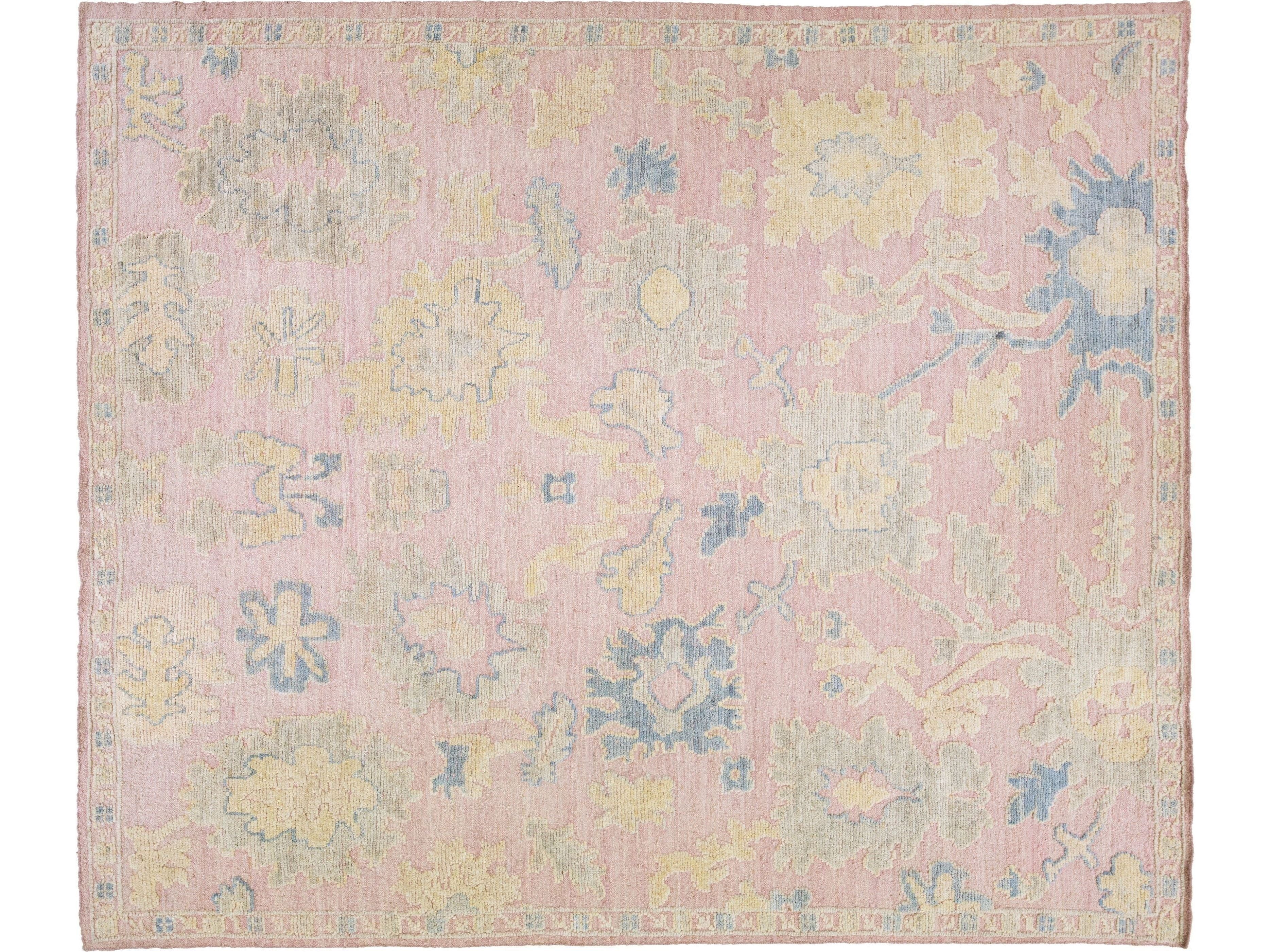 Modern Oushak Style Handmade Floral Motif Light Pink Wool Rug