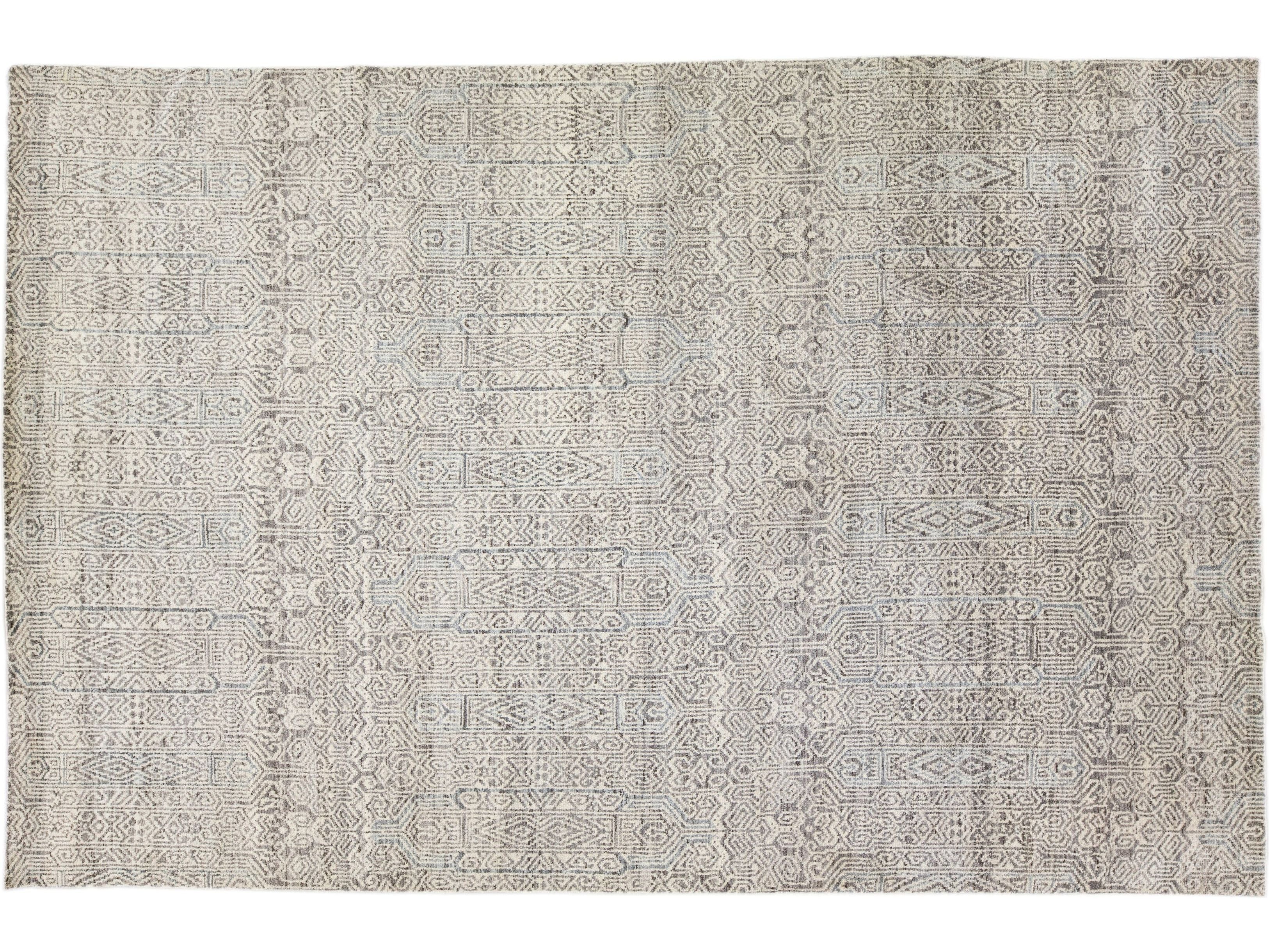 Modern Apadana's Safi Collection Handmade Allover Designed Beige Wool Rug