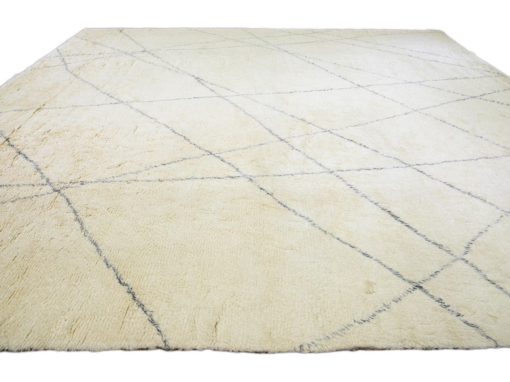 Ivory Modern Moroccan Style Handmade Gray Tribal Motif Boho Oversize Wool Rug