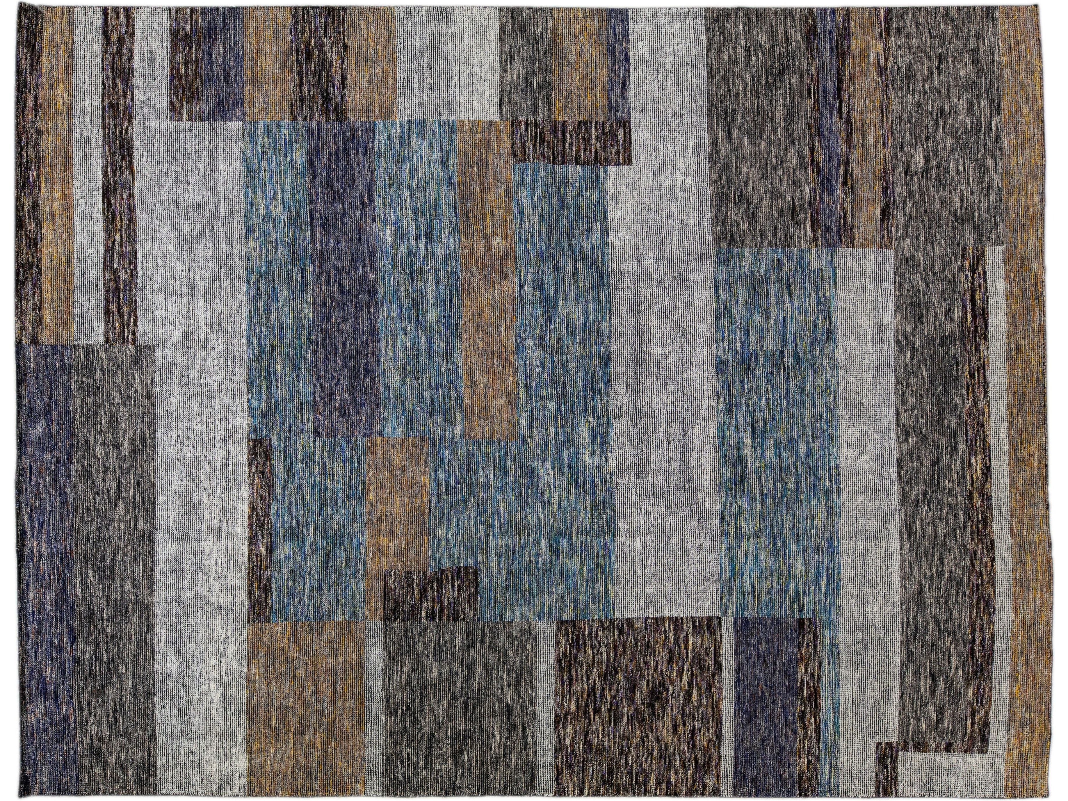 Modern Apadana's Safi Collection Handmade Earthy Tone Abstract Designed Wool Rug