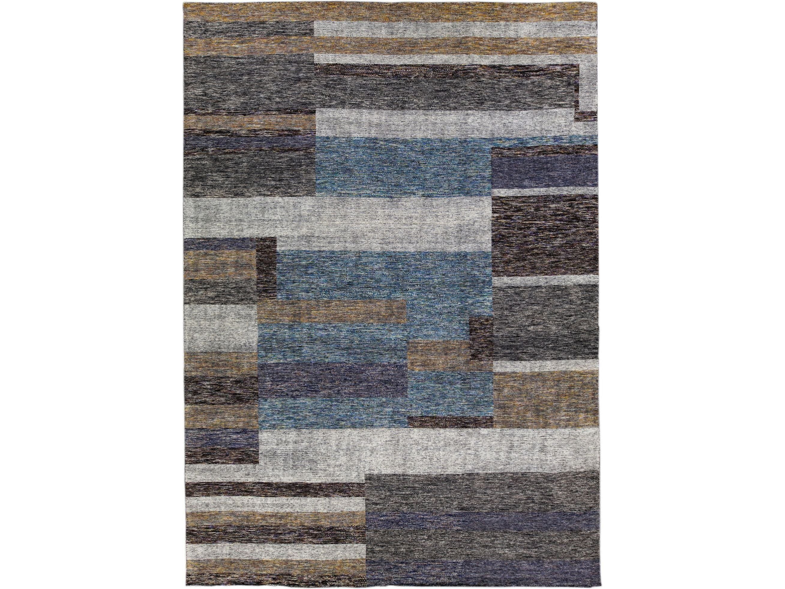 Modern Apadana's Safi Collection Handmade Earthy Tone Abstract Designed Wool Rug