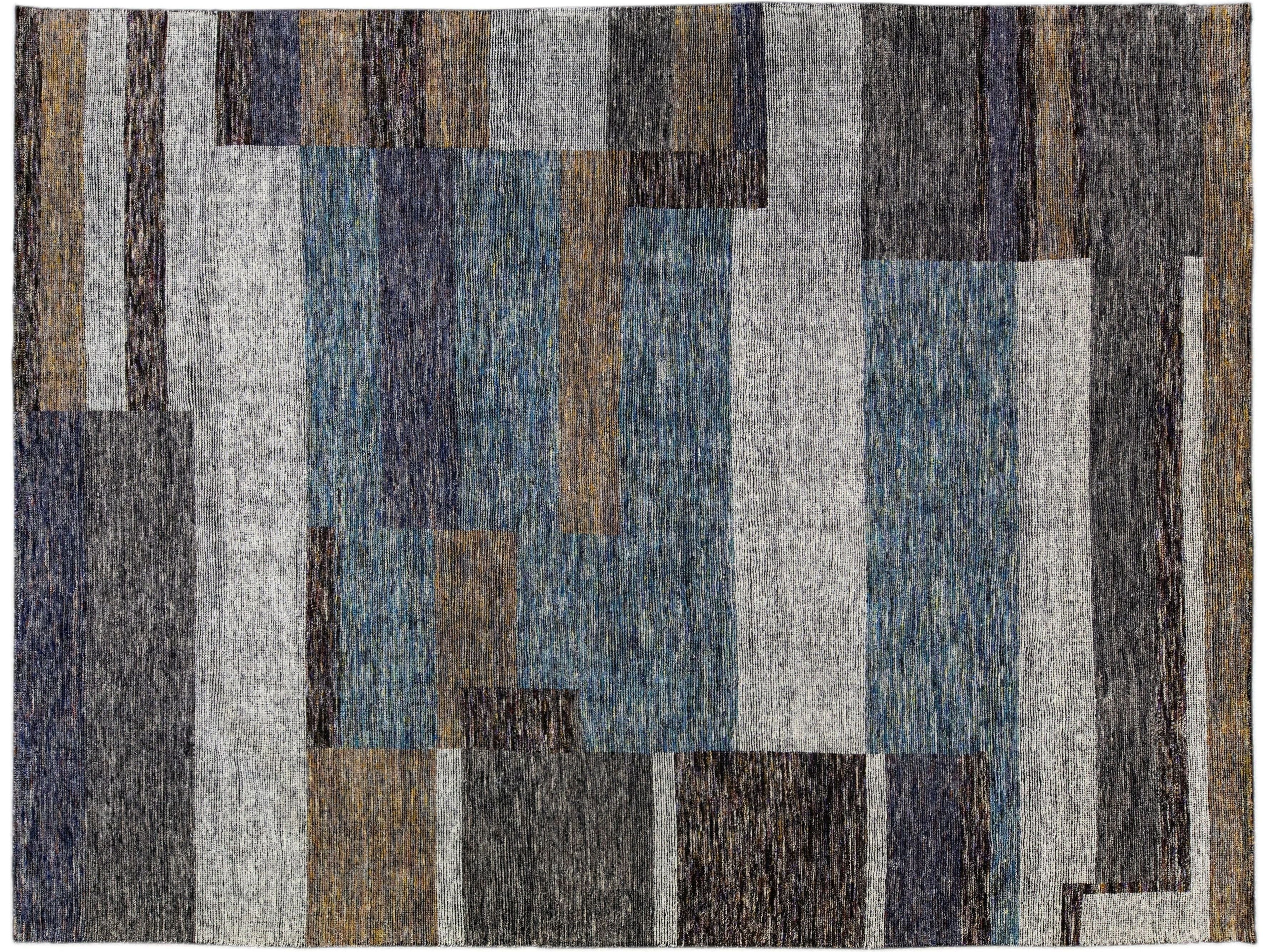 Modern Apadana's Safi Collection Handmade Abstract Earthy Tone Designed Wool Rug