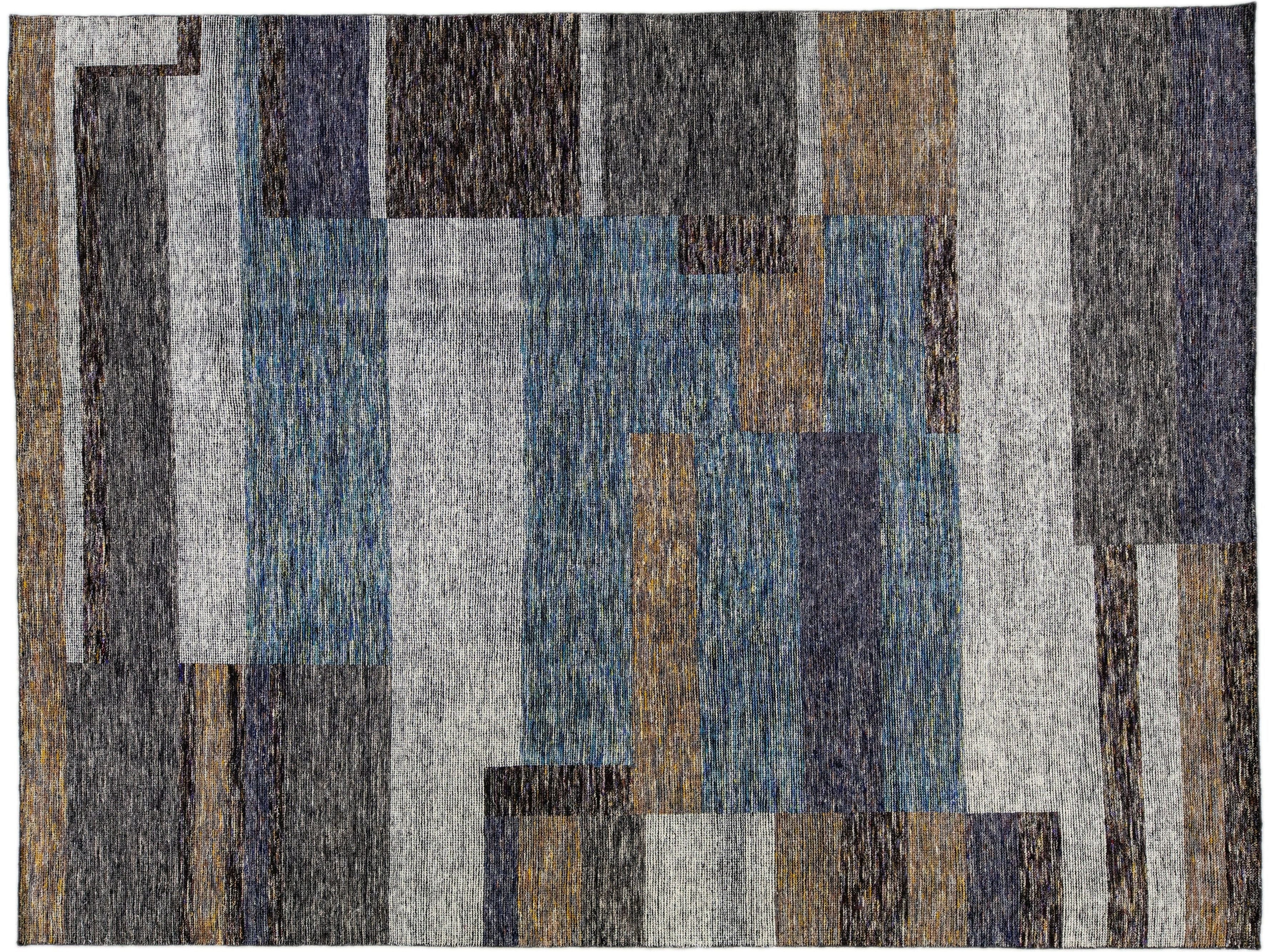Modern Apadana's Safi Collection Handmade Abstract Earthy Tone Designed Wool Rug