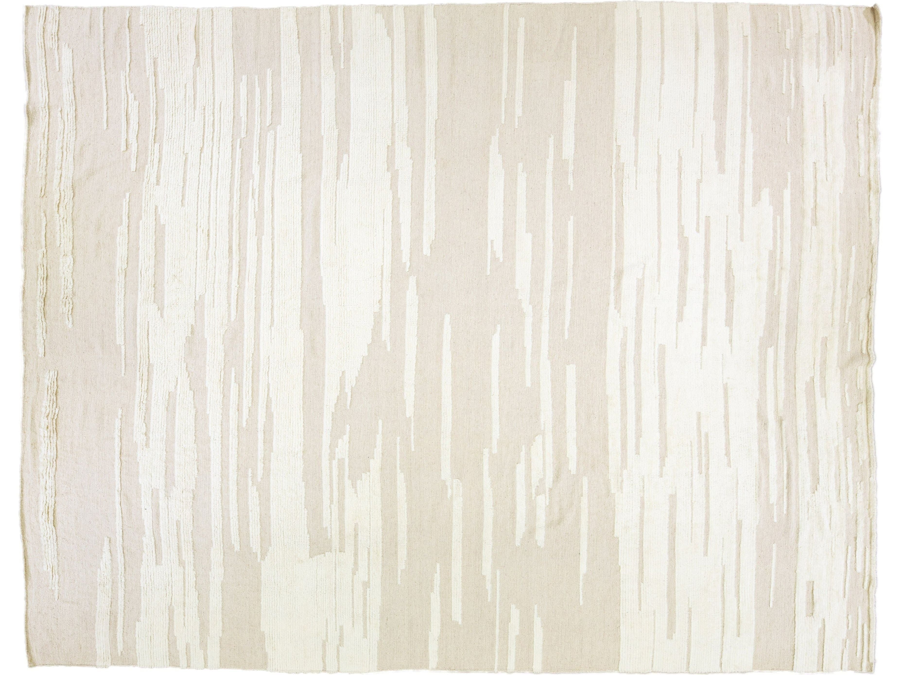 Beige Modern Moroccan Style Handmade Abstract Oversize Wool Rug by Apadana