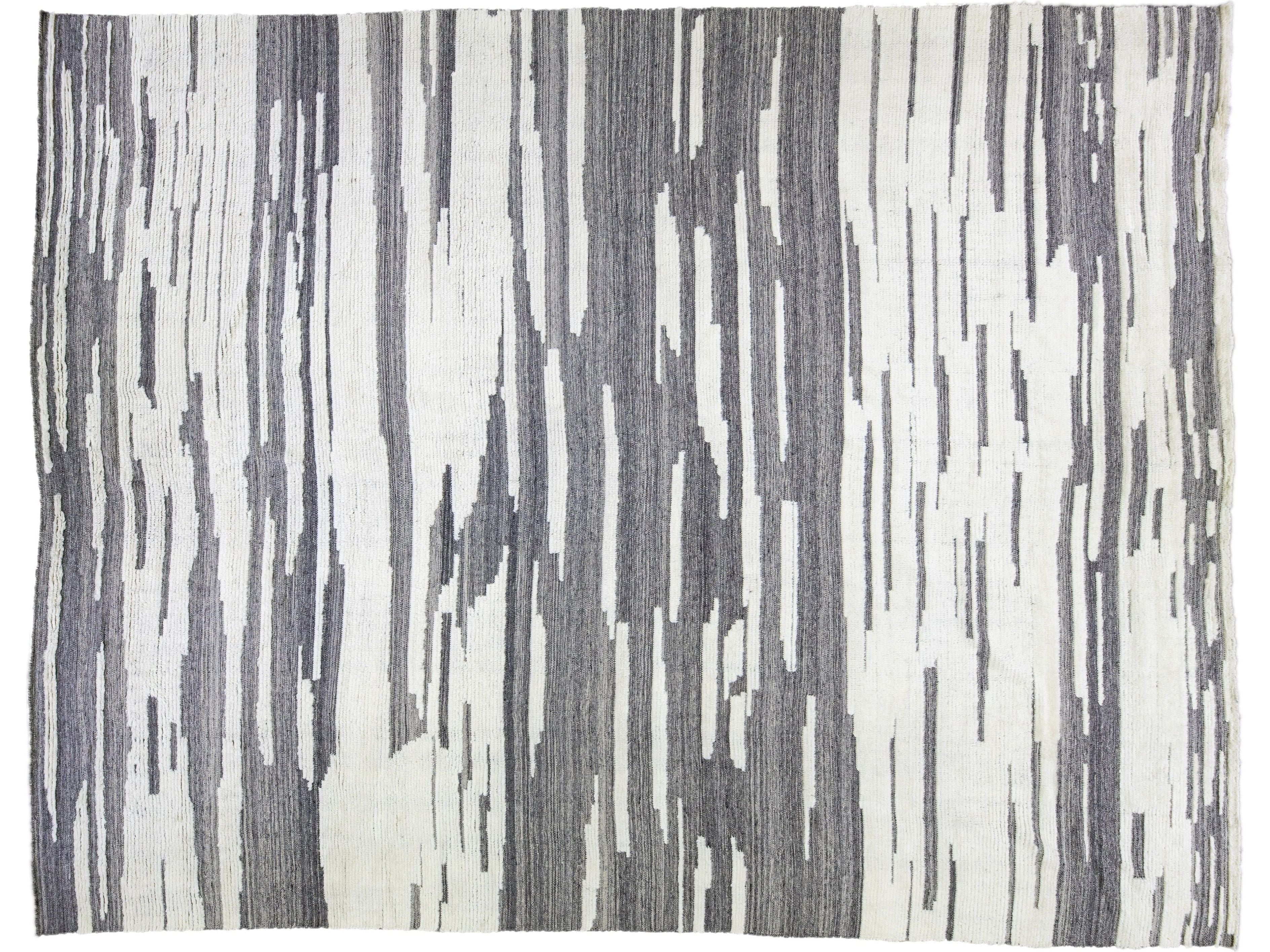 Modern Moroccan Style Handmade Abstract Gray Oversize Wool Rug by Apadana