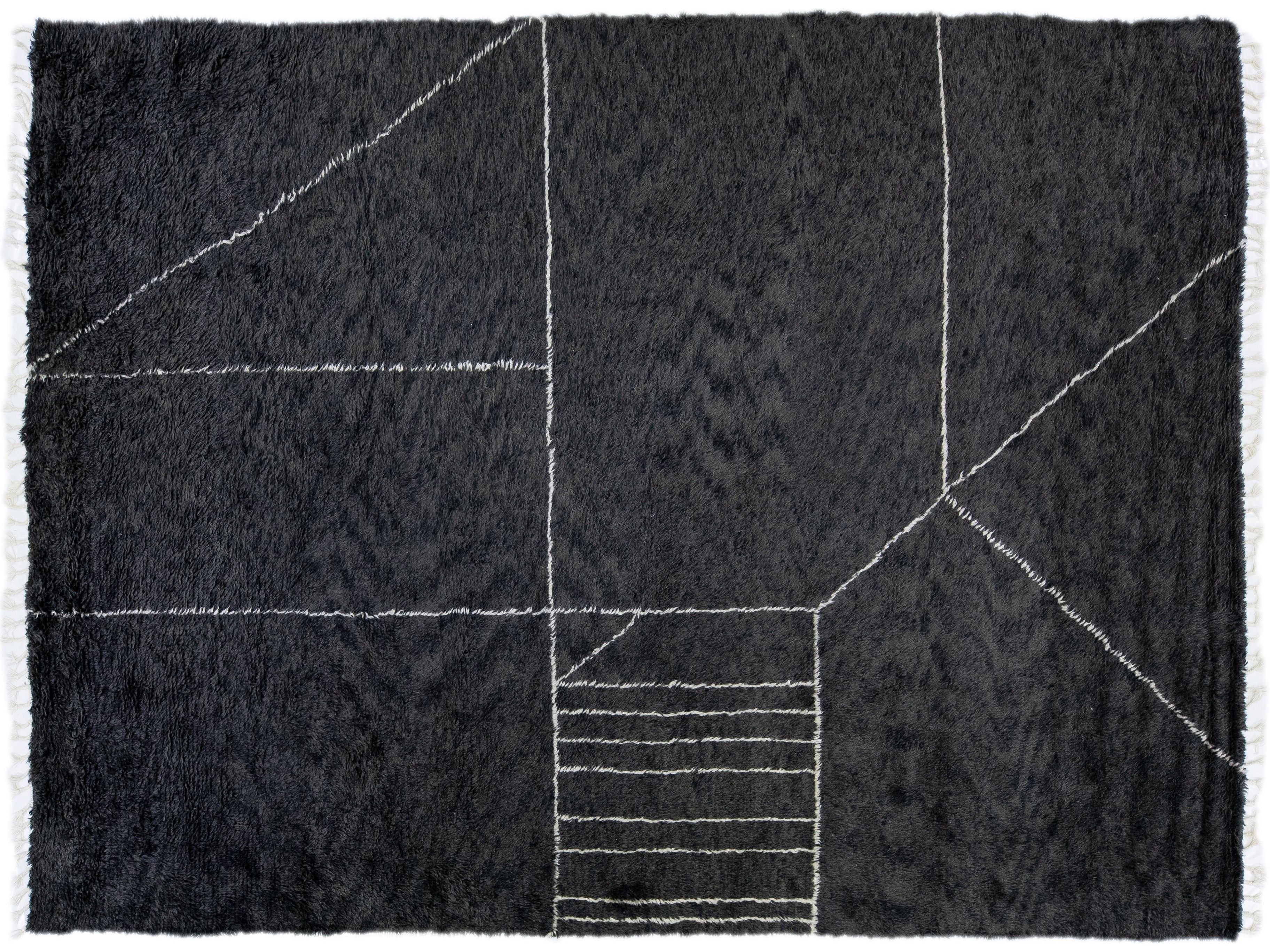Black Modern Moroccan Style Handmade Abstract Pattern Wool Rug by Apadana