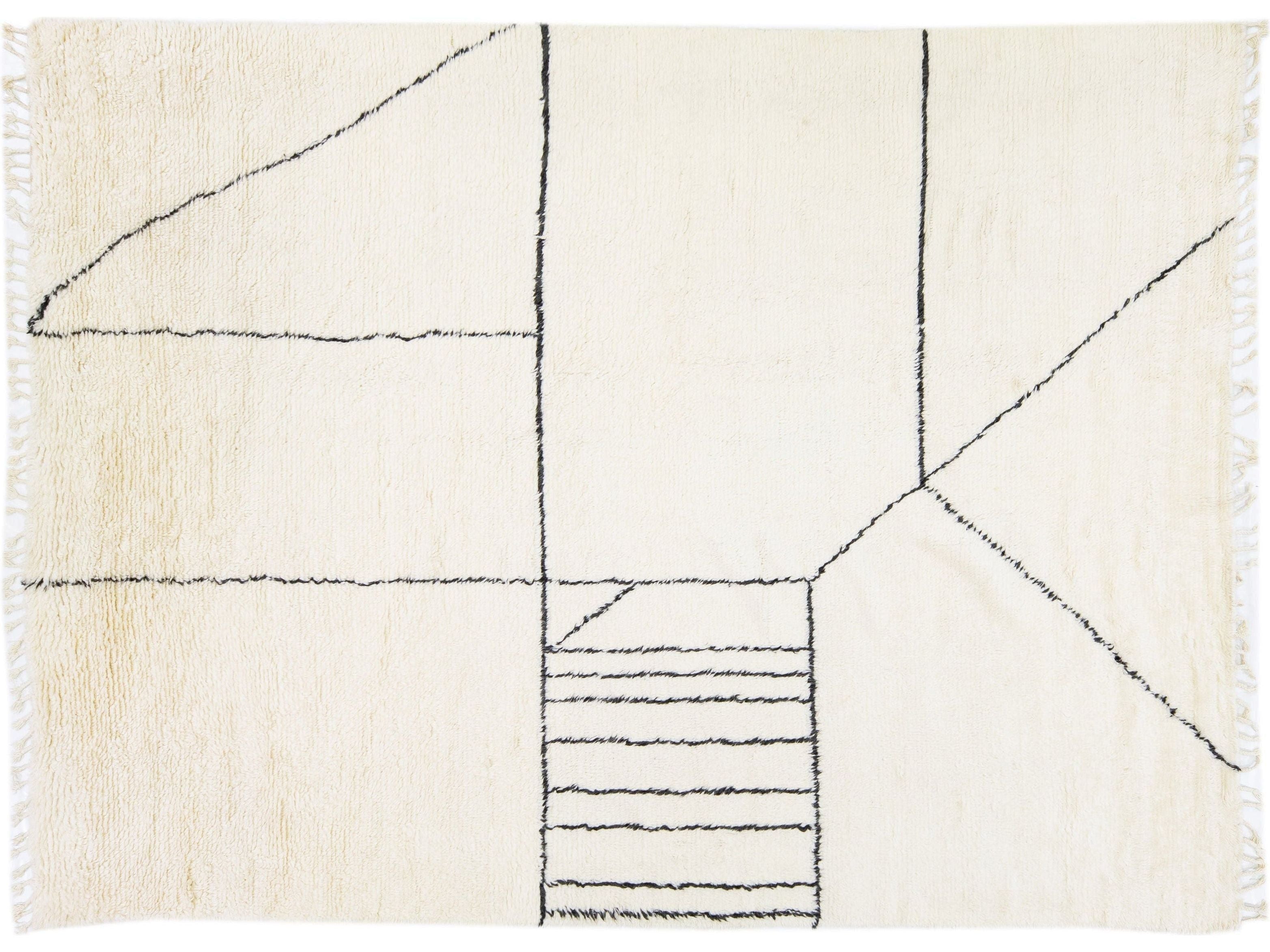 Ivory Modern Moroccan Style Handmade Abstract Pattern Wool Rug by Apadana