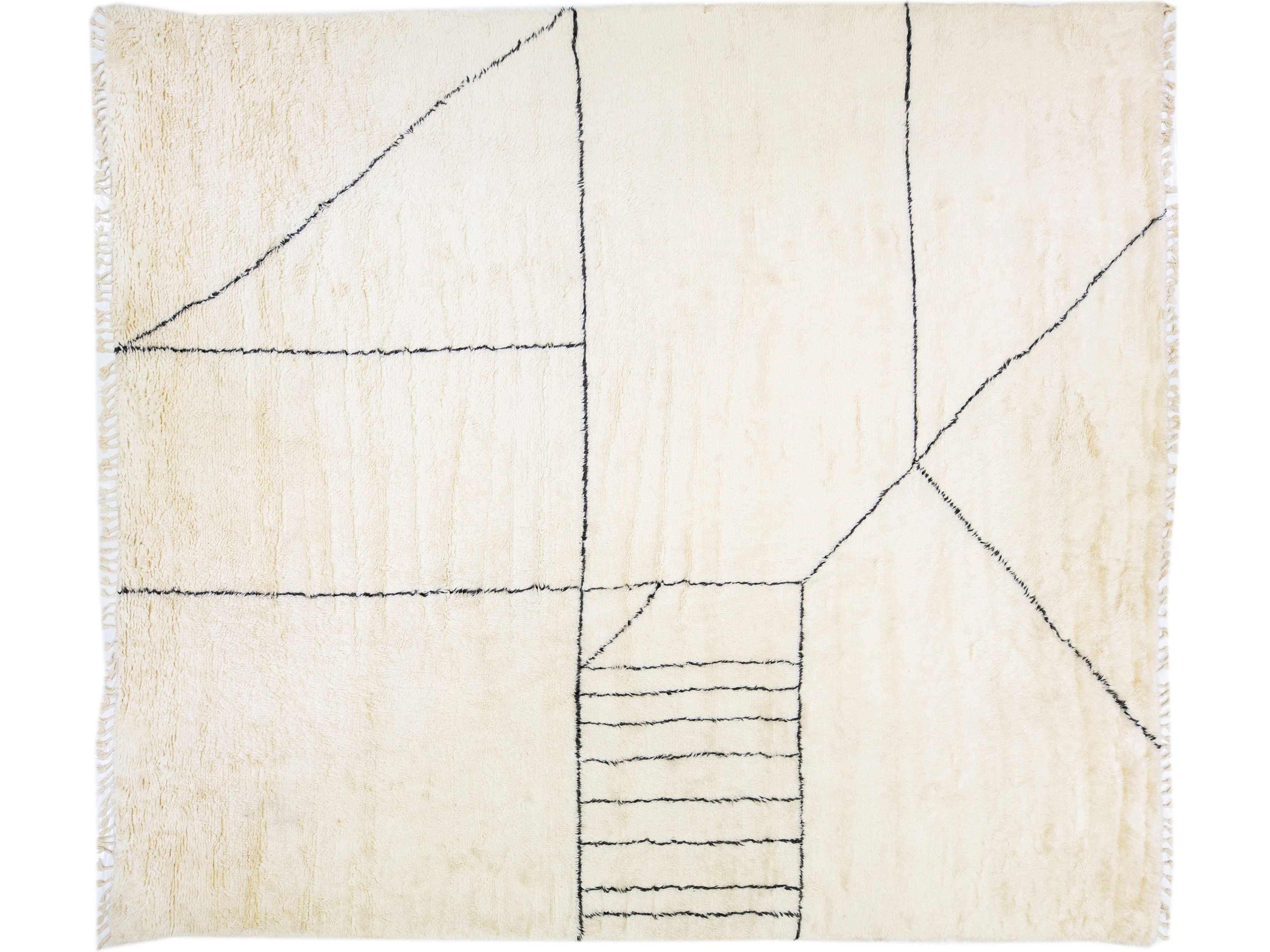 Modern Moroccan Style Handmade Ivory Wool Rug with Geometric Design by Apadana