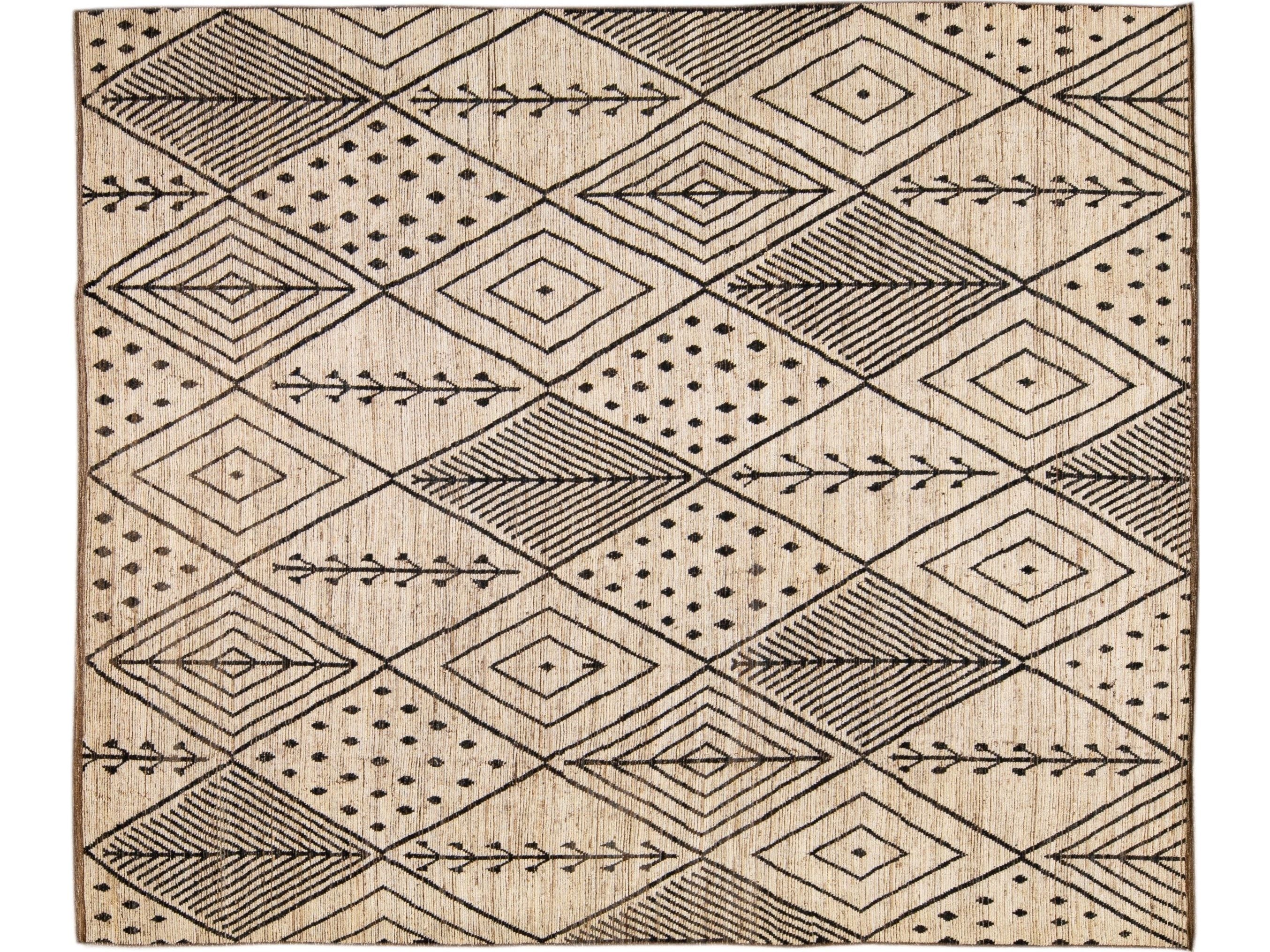 Modern Beige Moroccan Style Handmade Boho Designed Oversize Wool Rug
