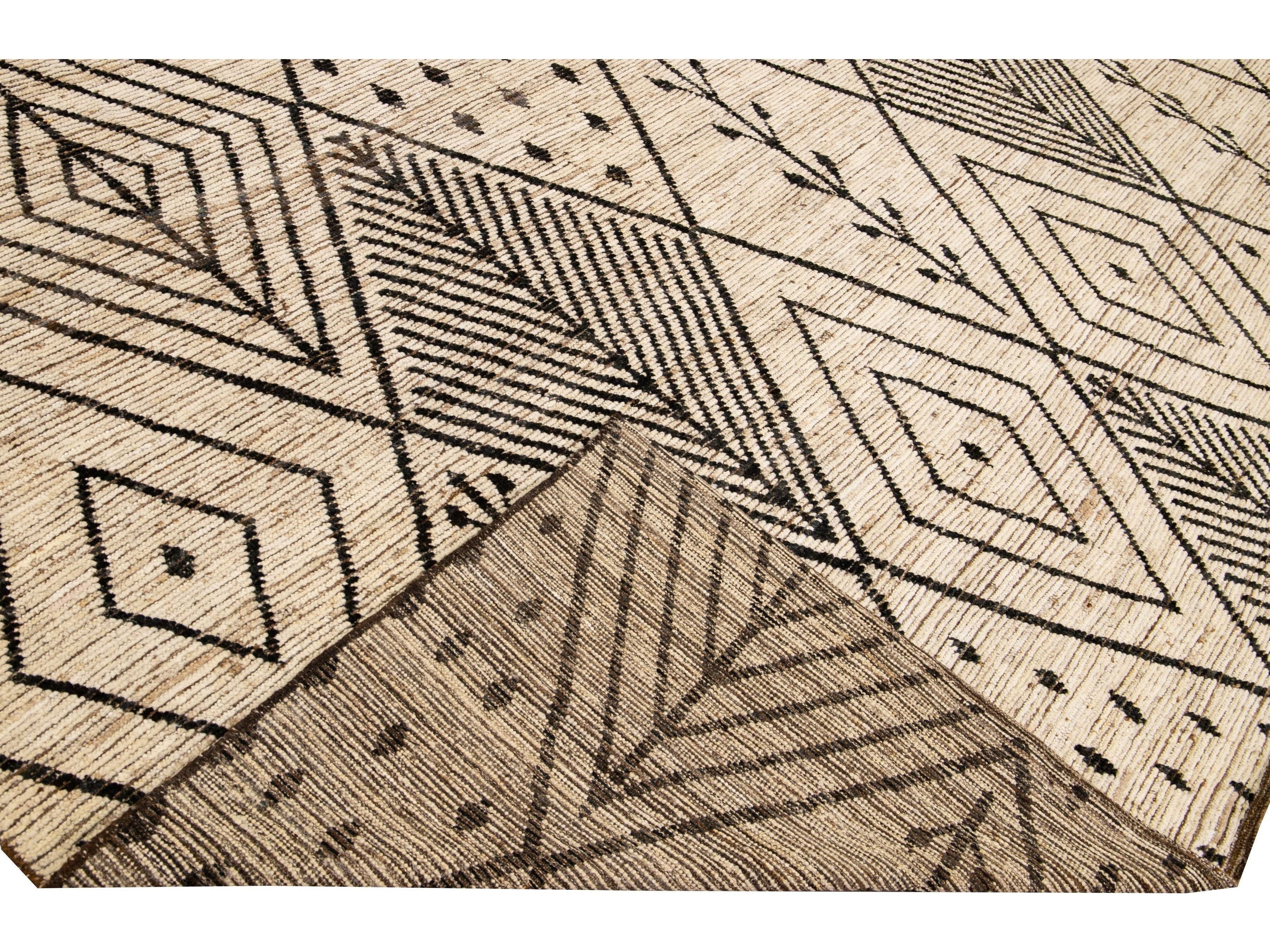 Modern Beige Moroccan Style Handmade Boho Designed Oversize Wool Rug