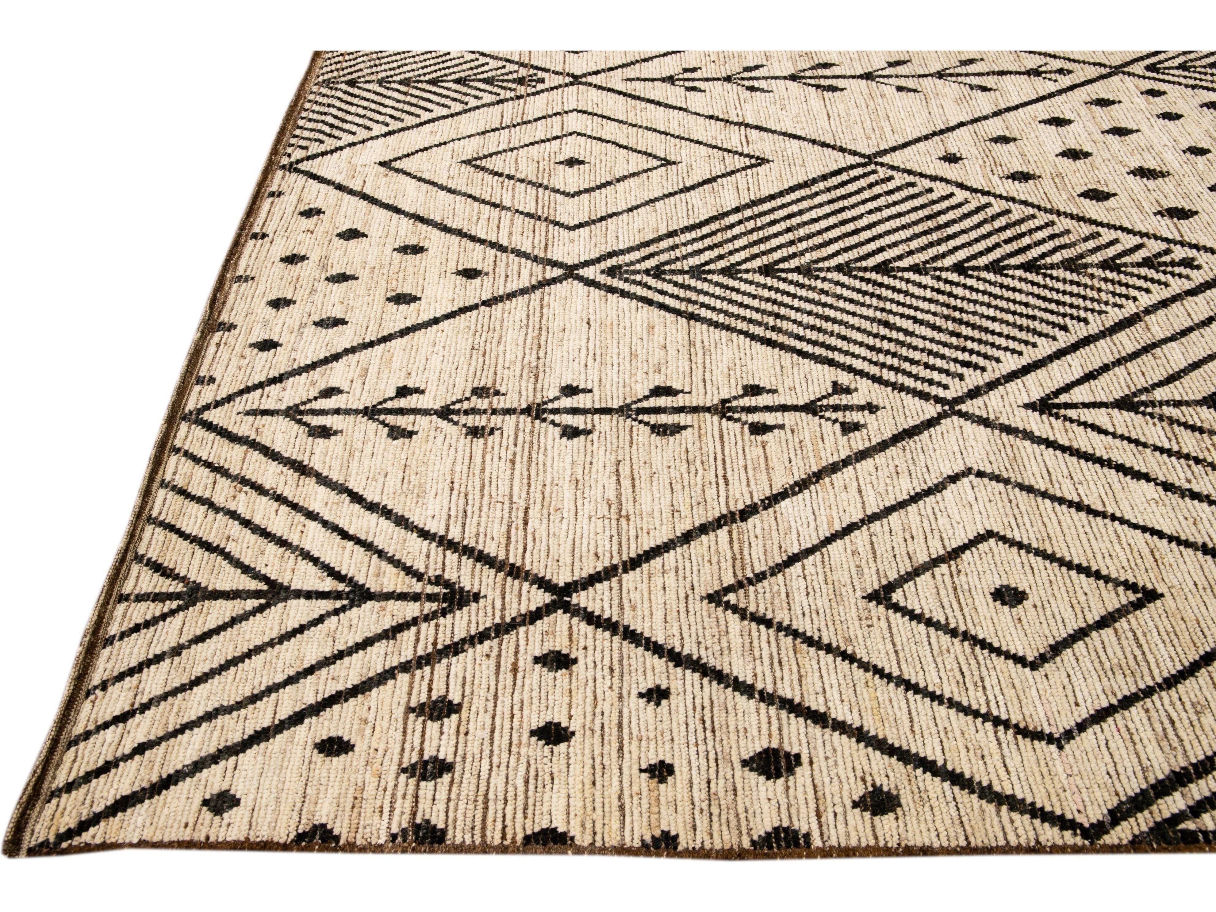 Modern Beige Moroccan Style Handmade Boho Designed Oversize Wool Rug