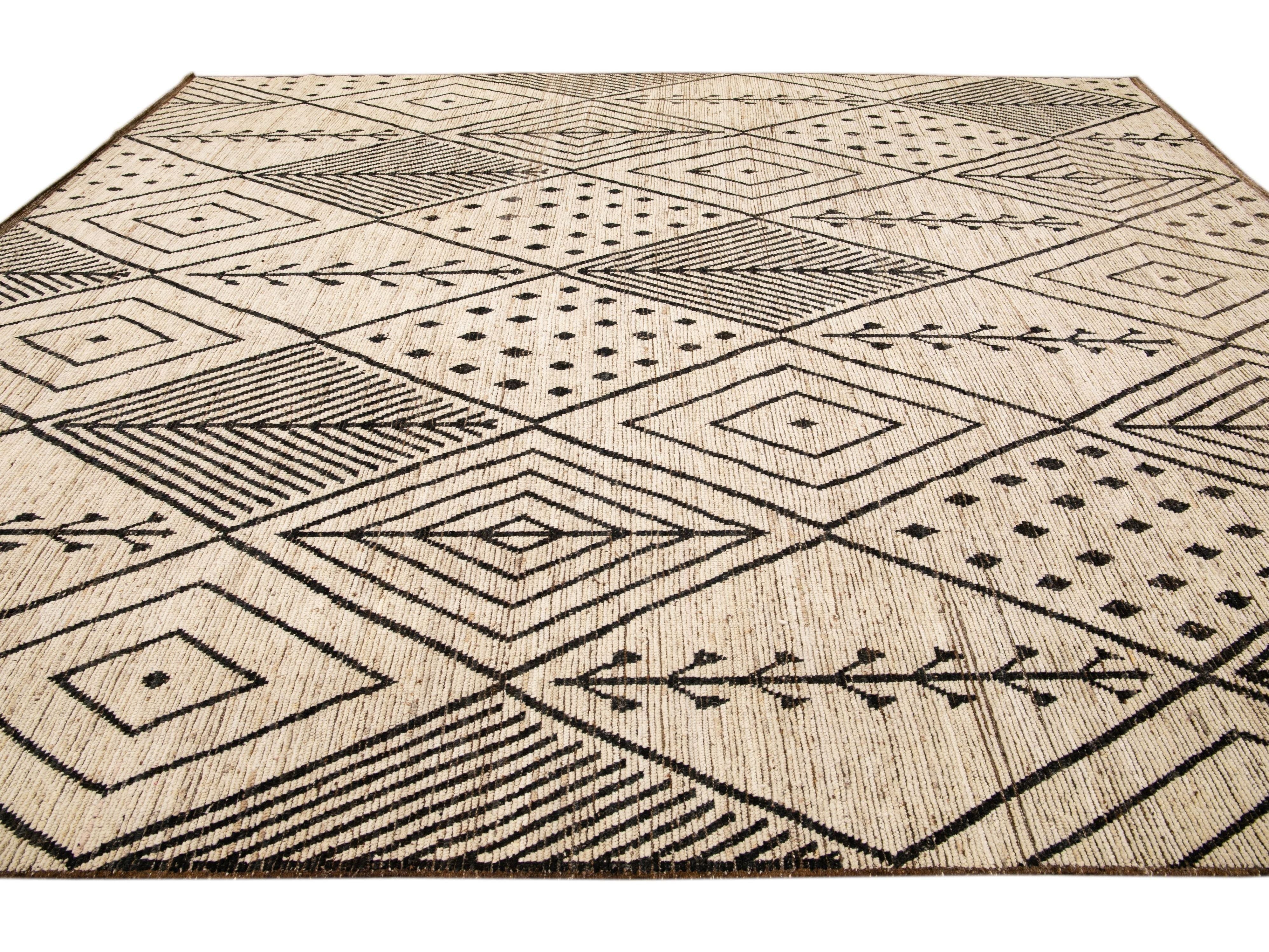Modern Beige Moroccan Style Handmade Boho Designed Oversize Wool Rug