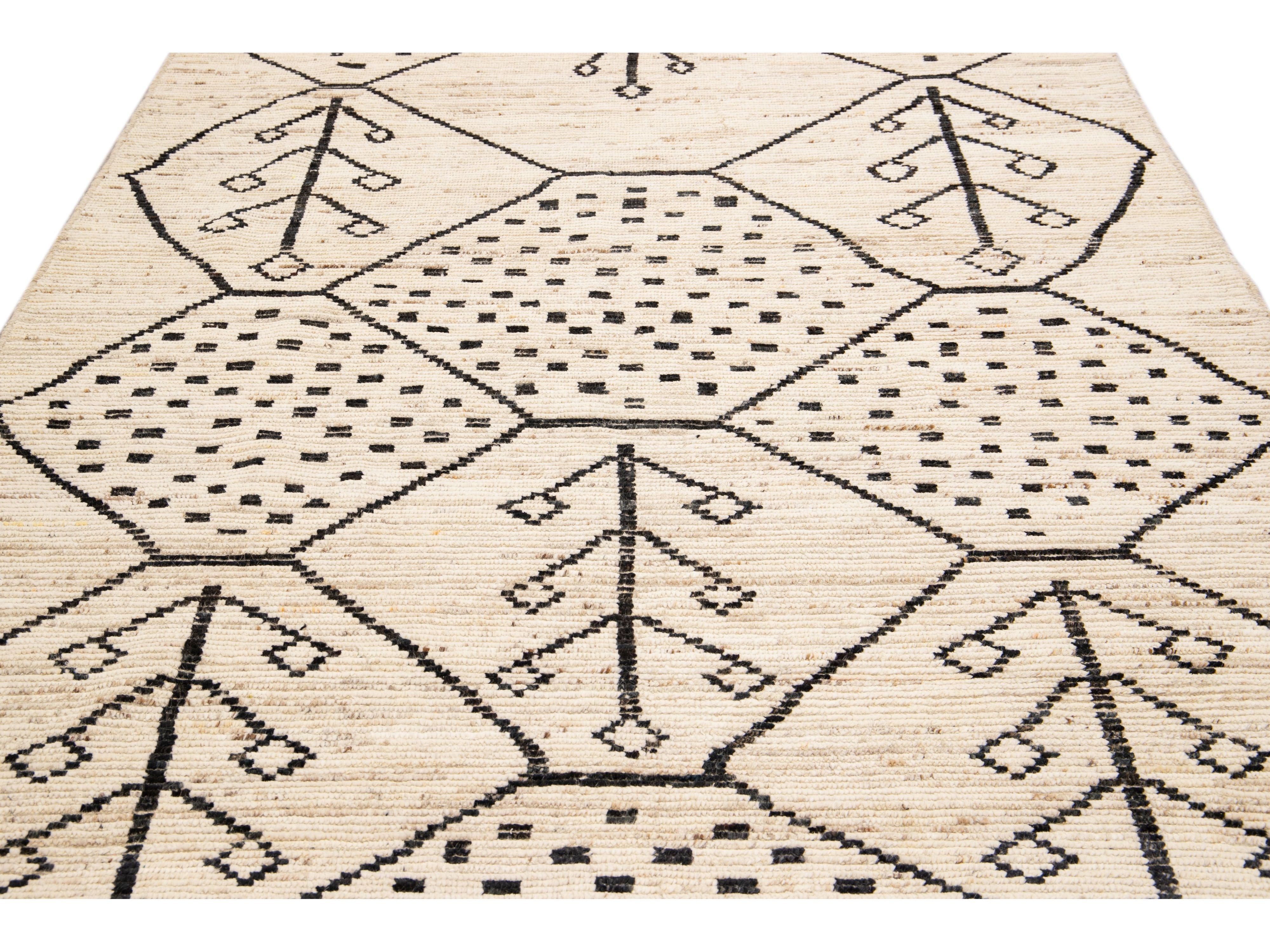 Modern Moroccan Style Handmade Geometric Motif Beige Boho Wool Rug