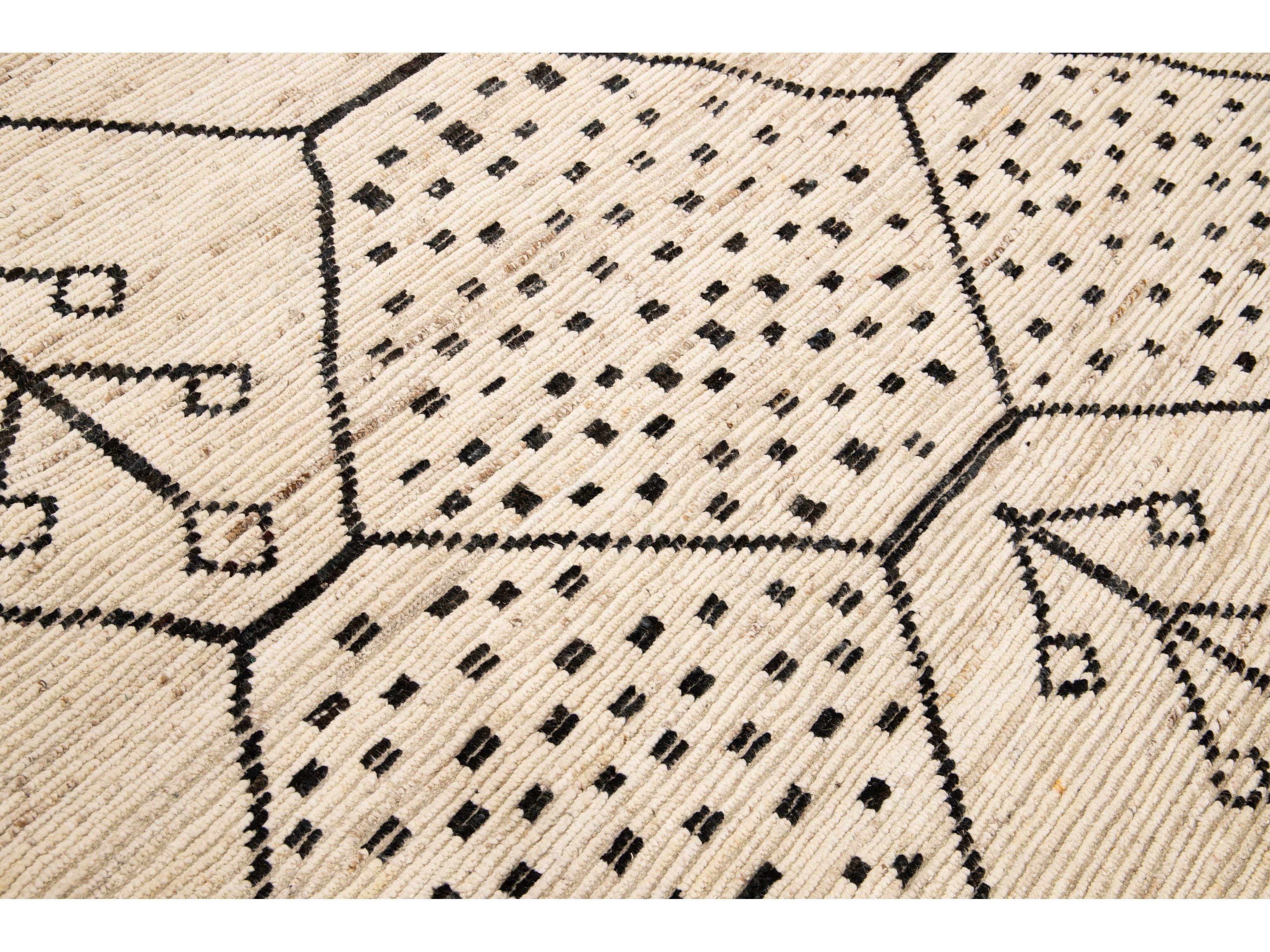 Modern Moroccan Style Handmade Geometric Motif Beige Boho Wool Rug