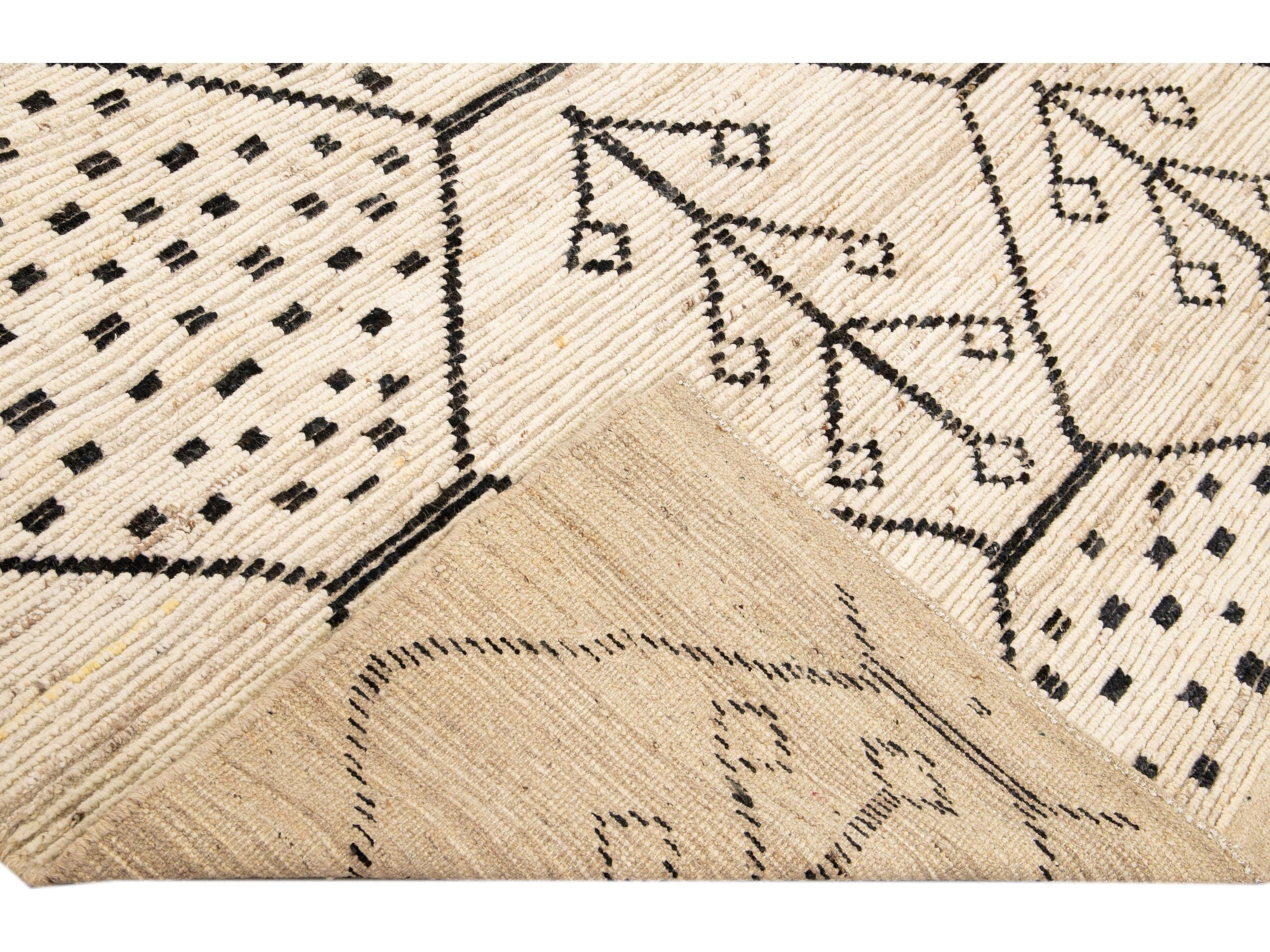 Modern Moroccan Style Handmade Geometric Motif Beige Boho Wool Rug