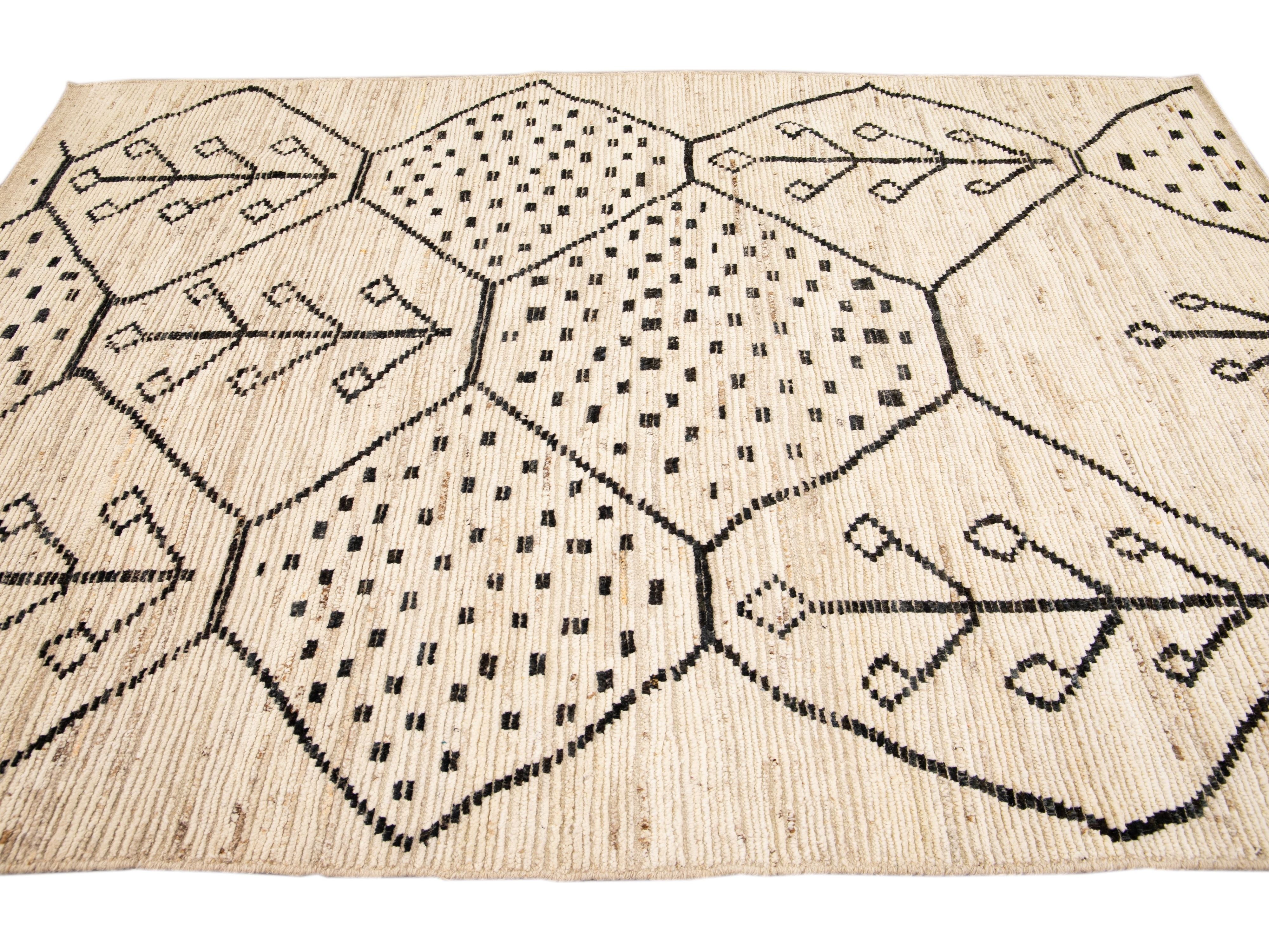 Modern Moroccan Style Handmade Geometric Motif Beige Boho Wool Rug