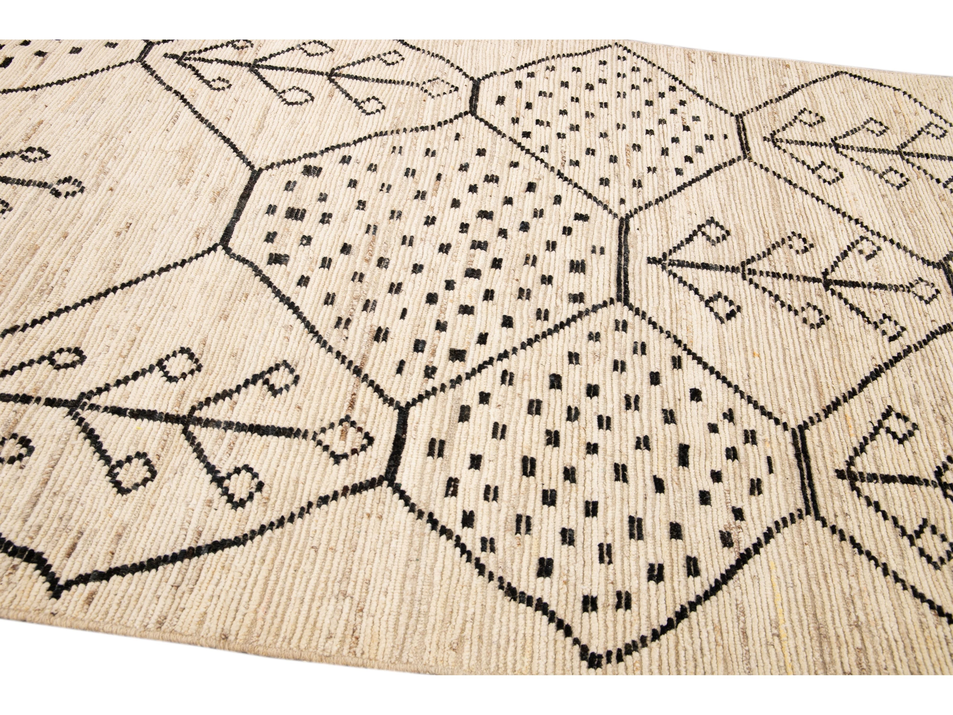 Modern Moroccan Style Handmade Geometric Motif Beige Boho Wool Rug