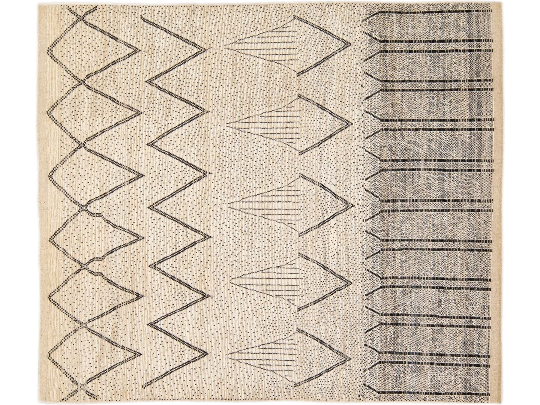 Modern Moroccan Style Handmade Geometric Pattern Beige and Gray Boho Wool Rug
