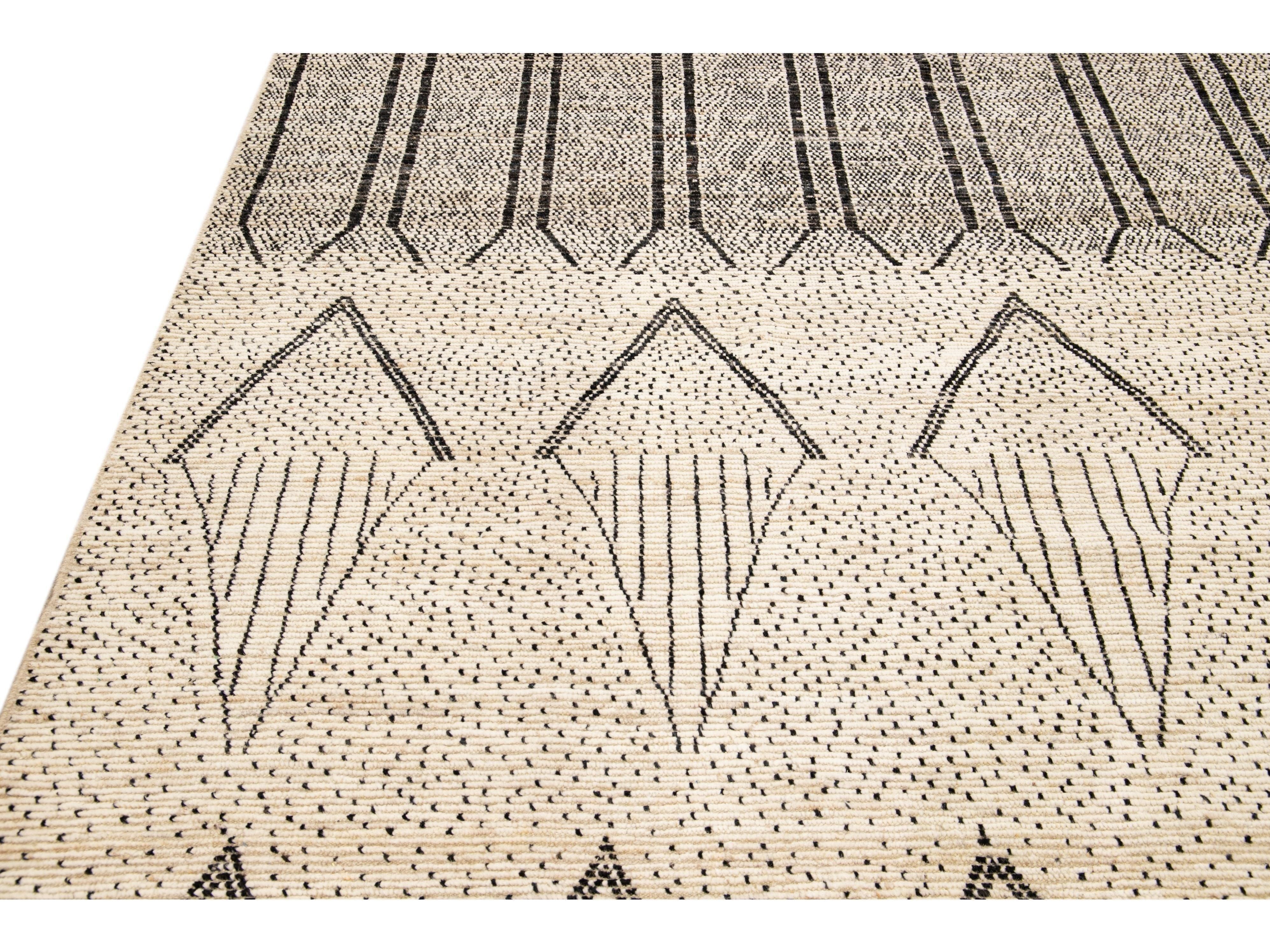 Modern Moroccan Style Handmade Geometric Pattern Beige and Gray Boho Wool Rug