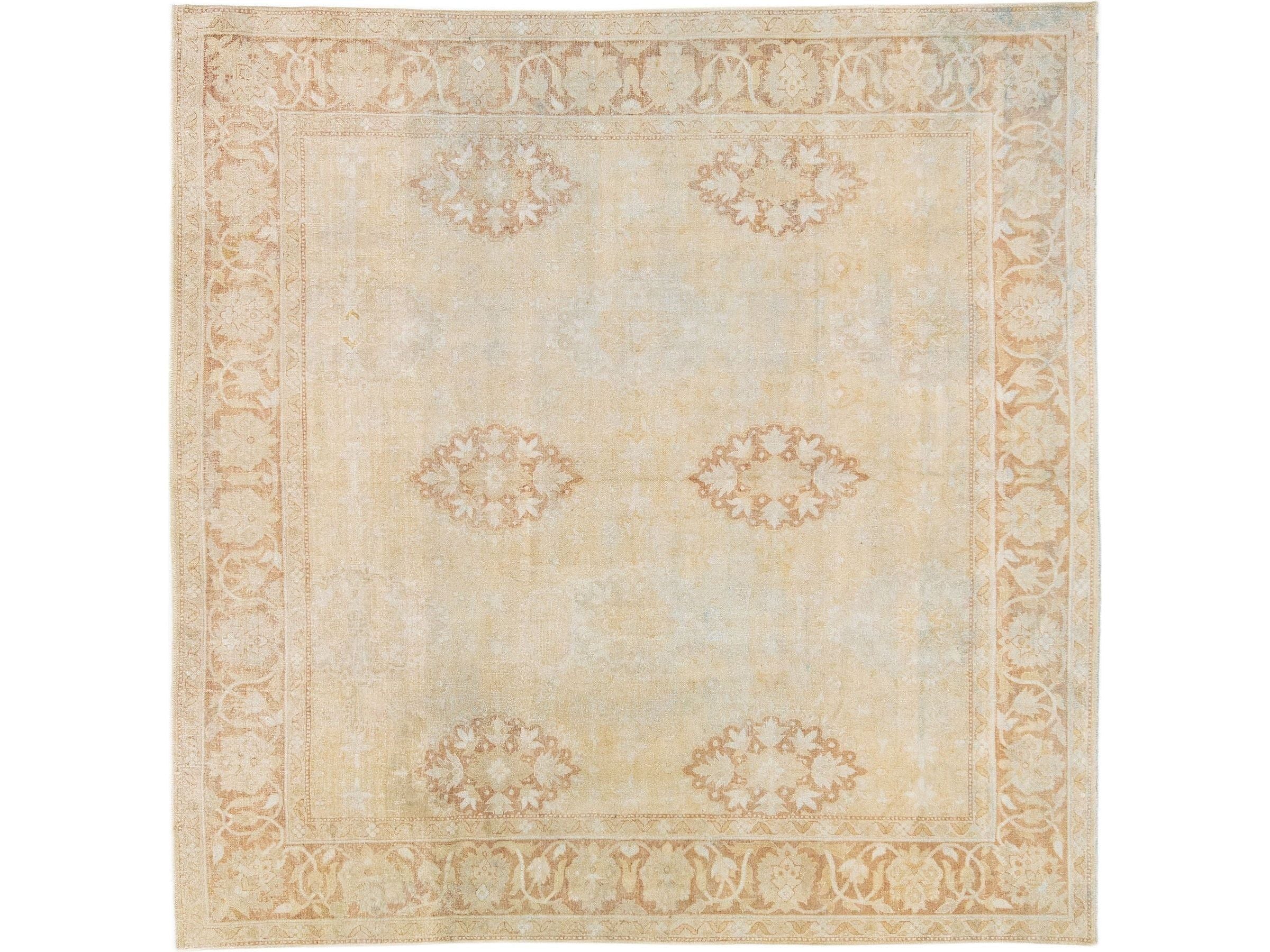 Beige Antique Indian Agra Handmade Square Wool Rug With Allover Motif