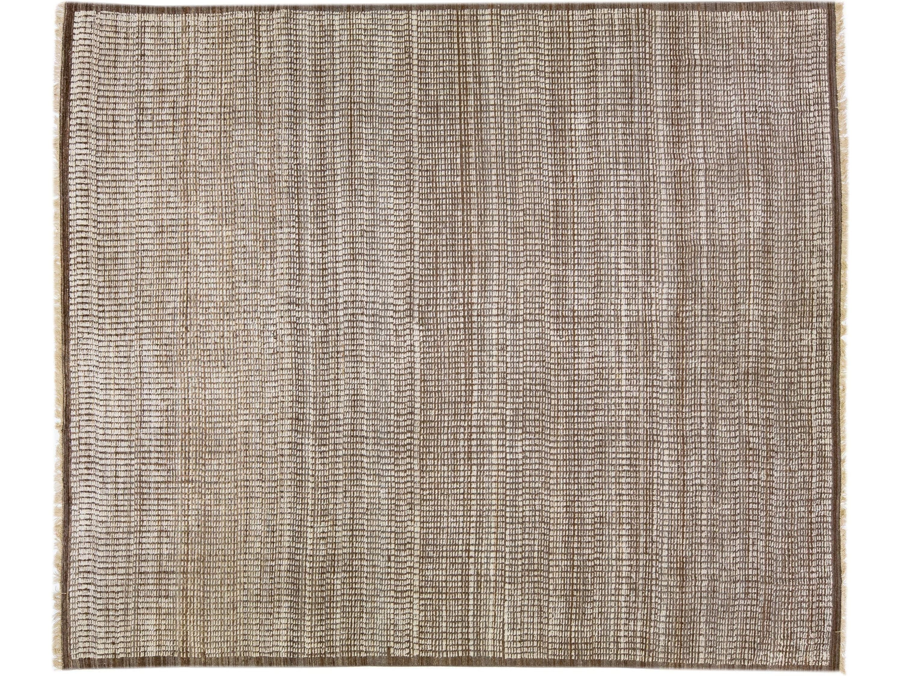 Brown Modern Moroccan Style Handmade Wool Rug with Subtle Pattern