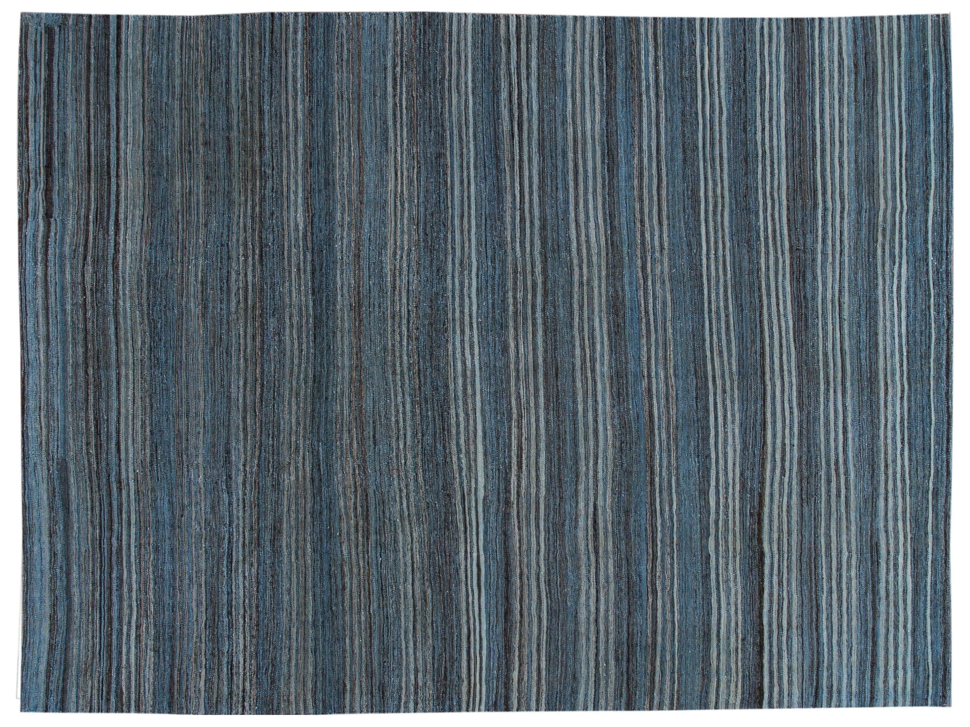 Modern Striped Flat-Weave Wool Rug 9 X 10