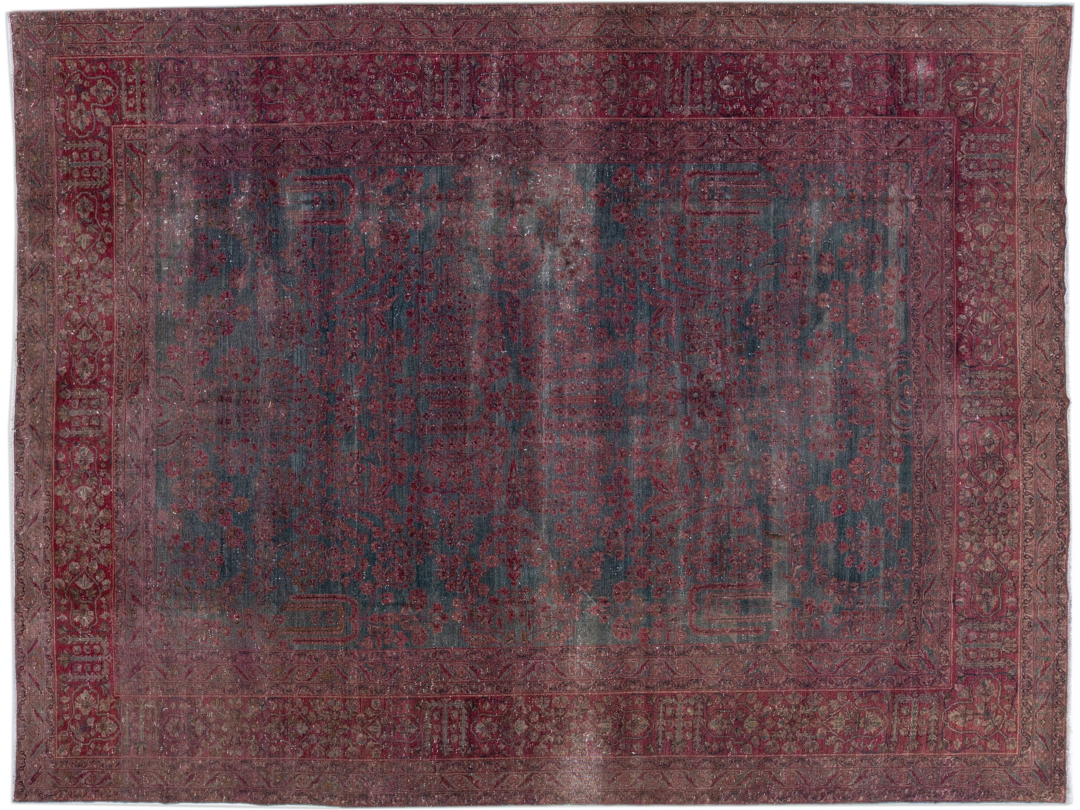 Gray & Red Handmade Antique Persian Tabriz Wool Rug with Floral Motif