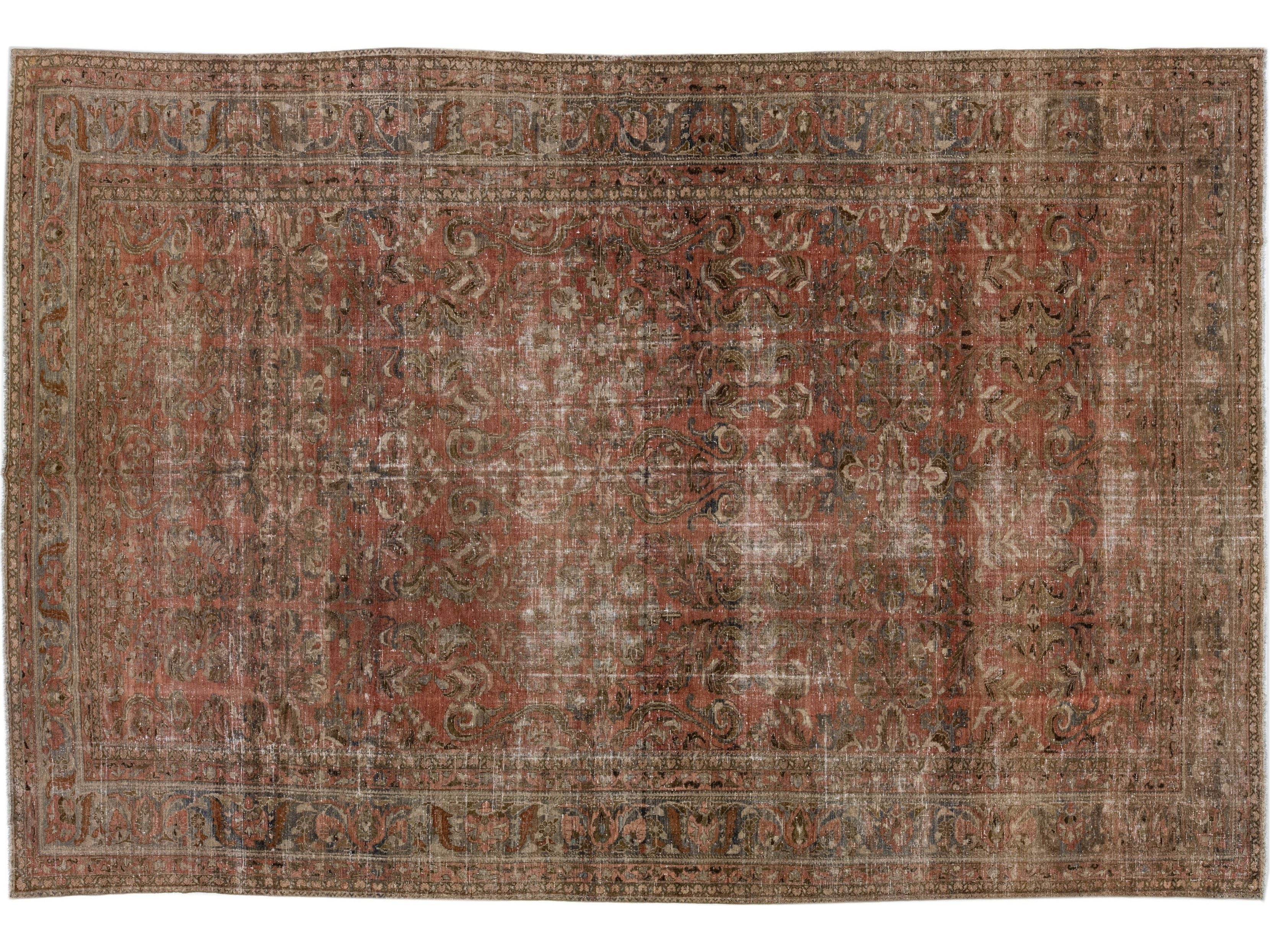Antique Handmade Rust Persian Malayer Wool Rug With Floral Design