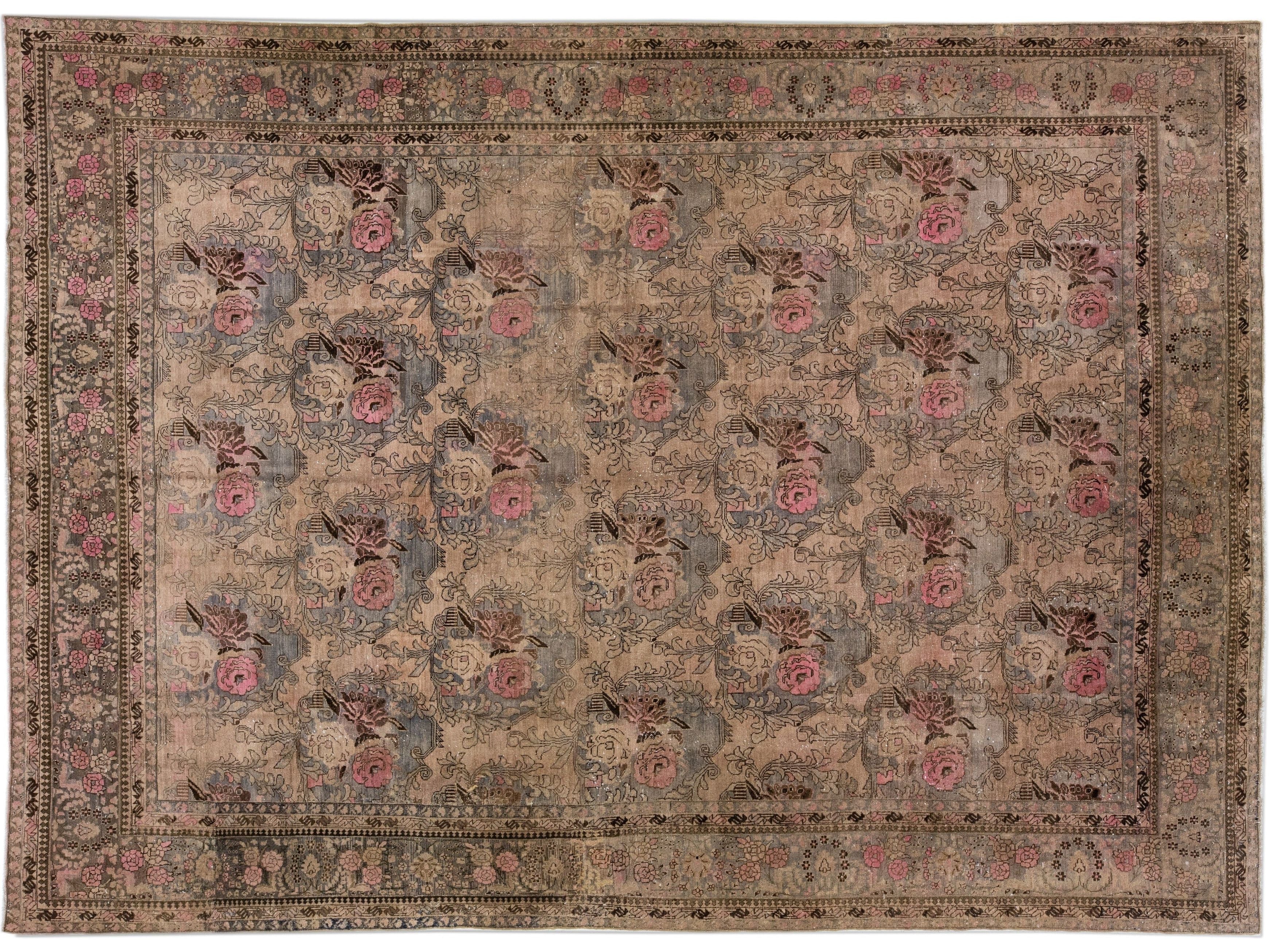 Antique Bidjar Handmade Allover Floral Pattern Wool Rug In Brown