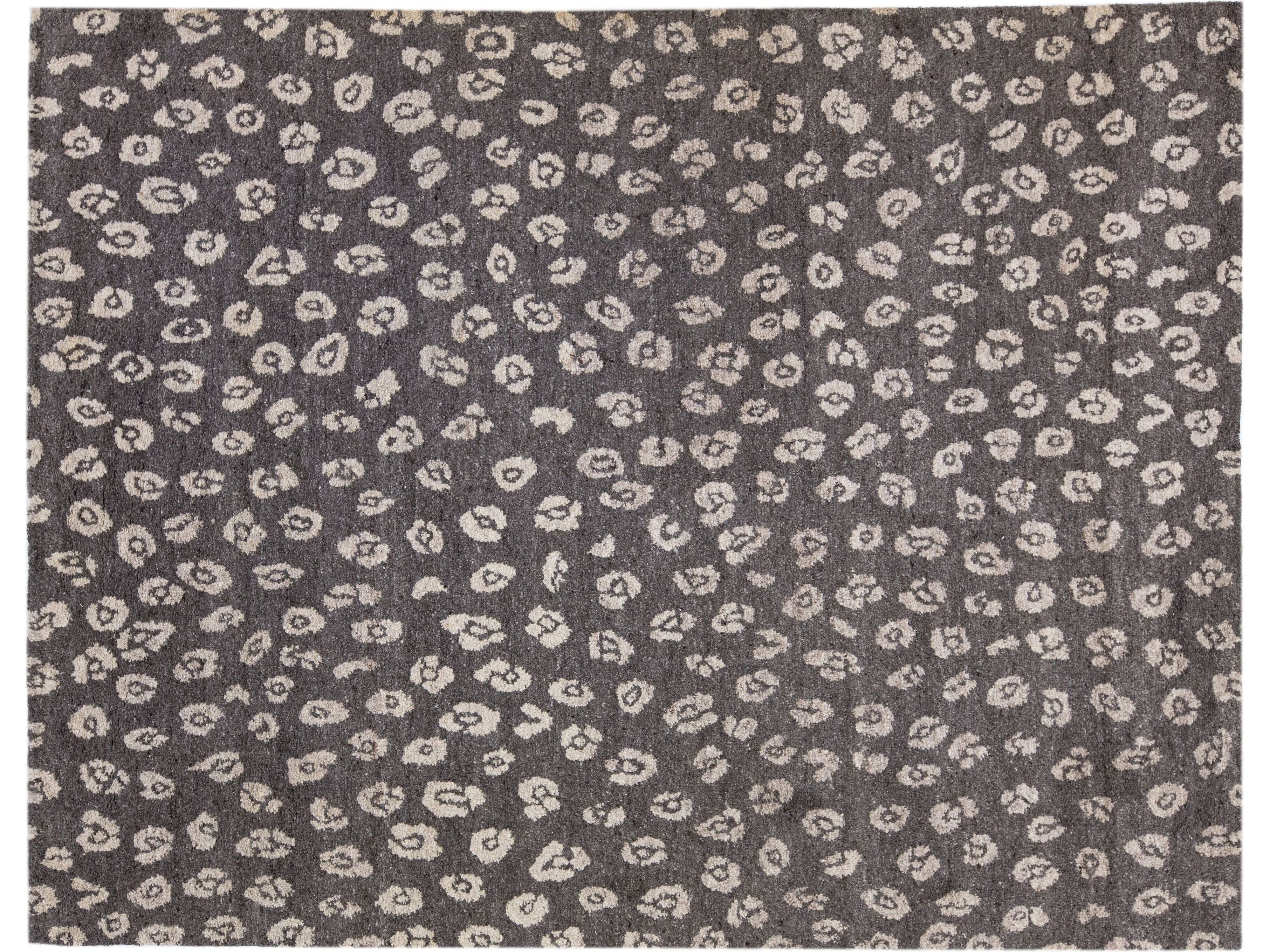 Contemporary Moroccan Style Charcoal Handmade Allover Wool & Viscose Rug