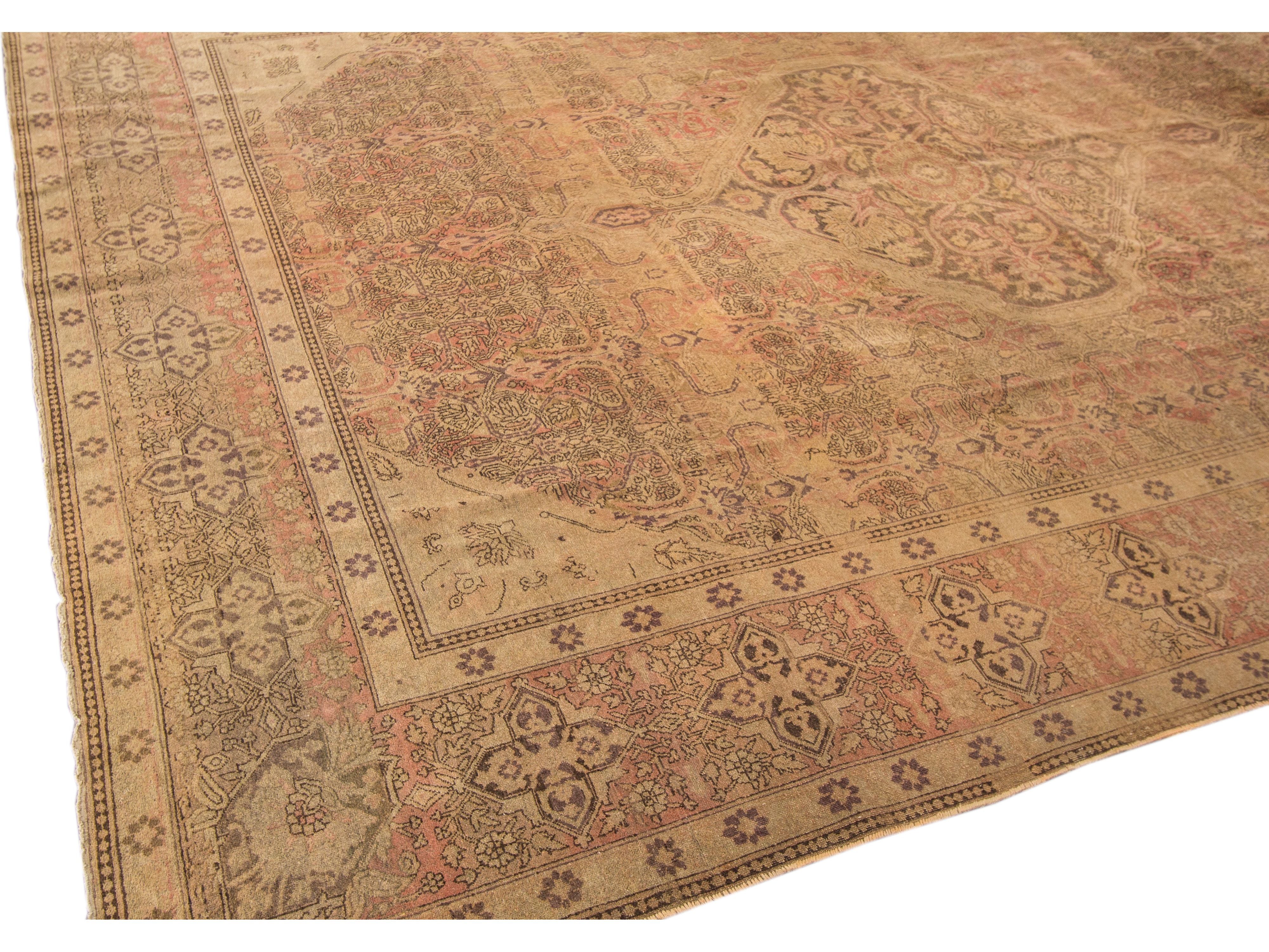 Antique Tabriz Handmade Medallion Designed Tan Persian Wool Rug