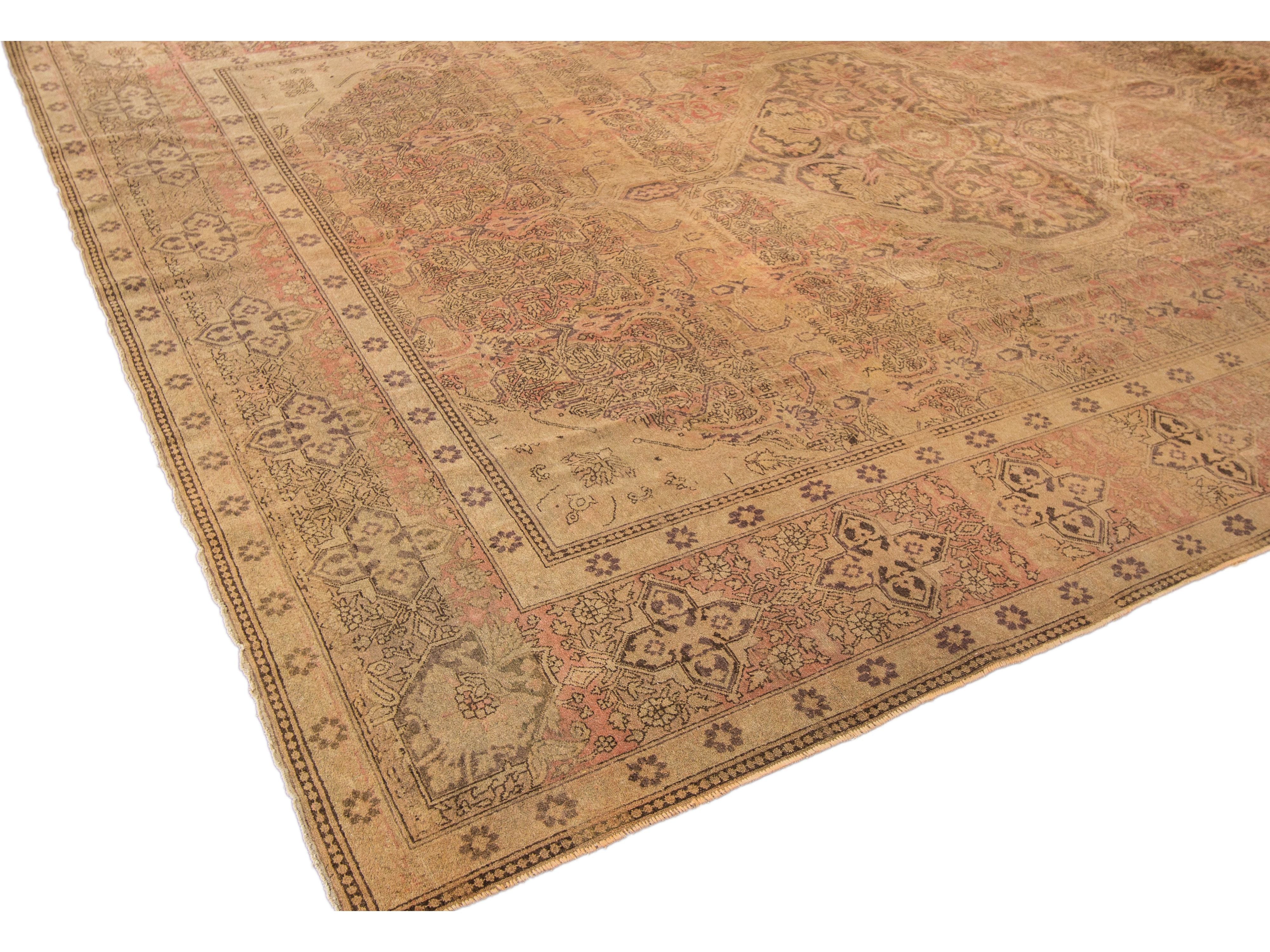 Antique Tabriz Handmade Medallion Designed Tan Persian Wool Rug