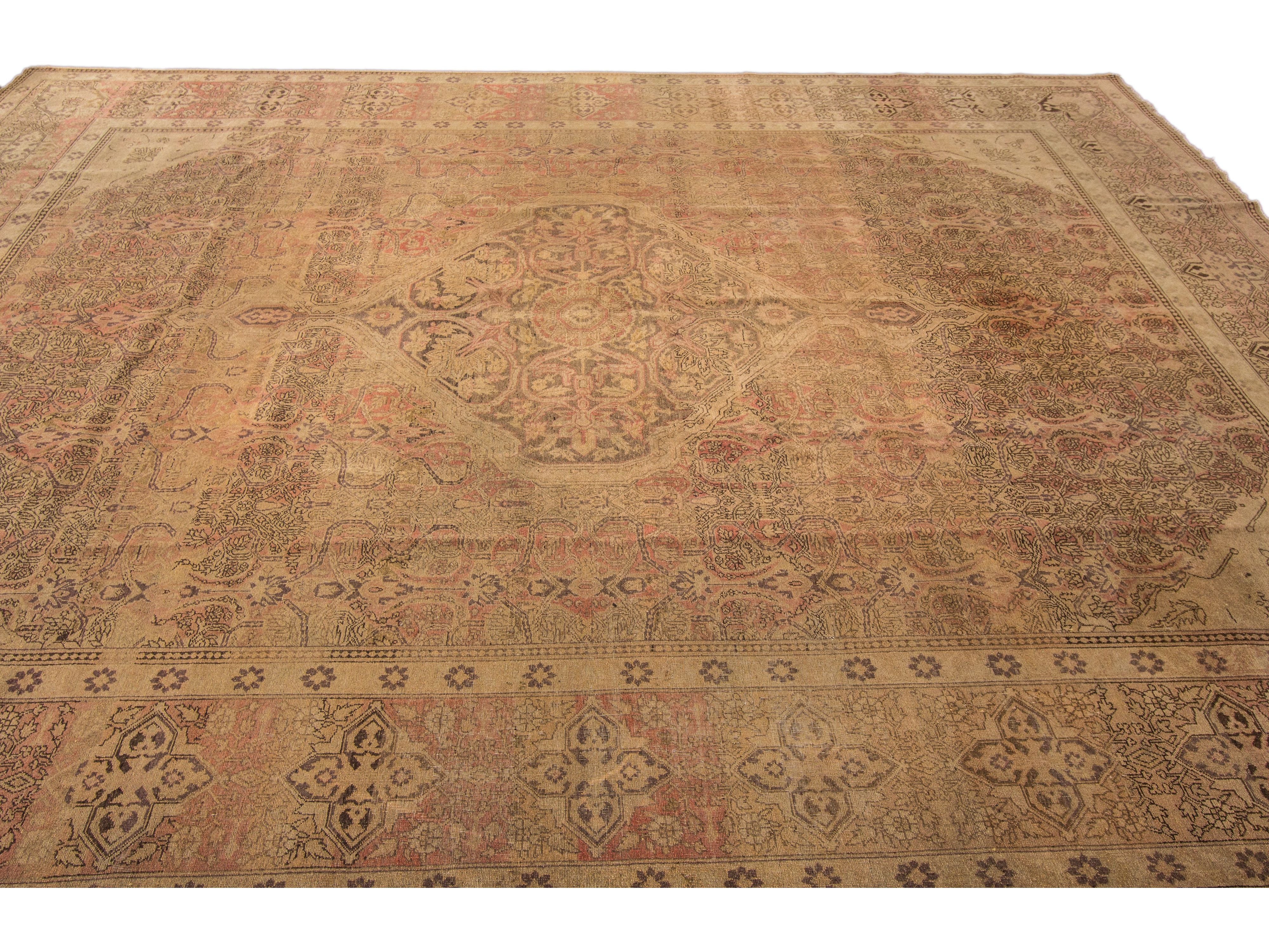 Antique Tabriz Handmade Medallion Designed Tan Persian Wool Rug