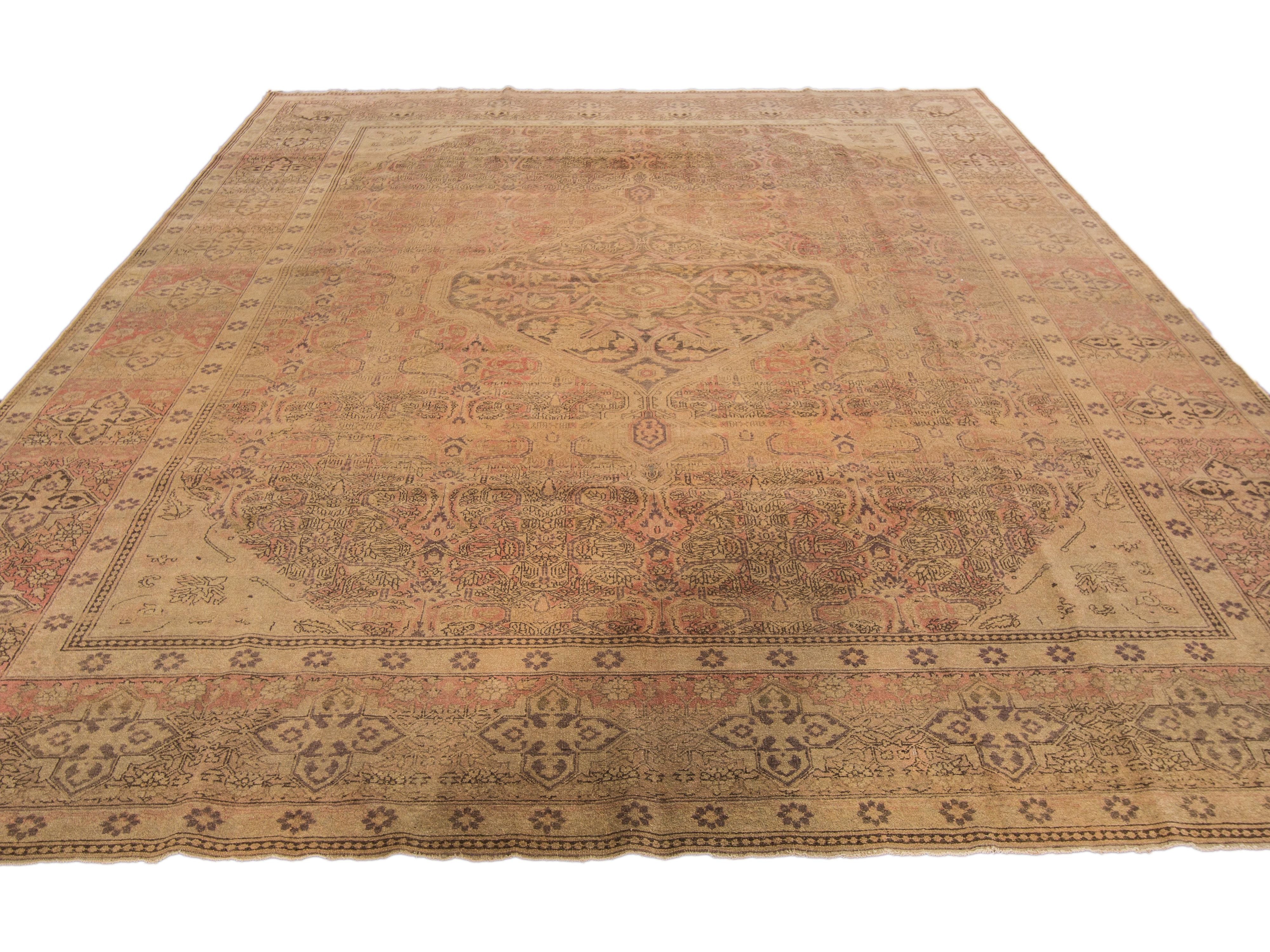 Antique Tabriz Handmade Medallion Designed Tan Persian Wool Rug